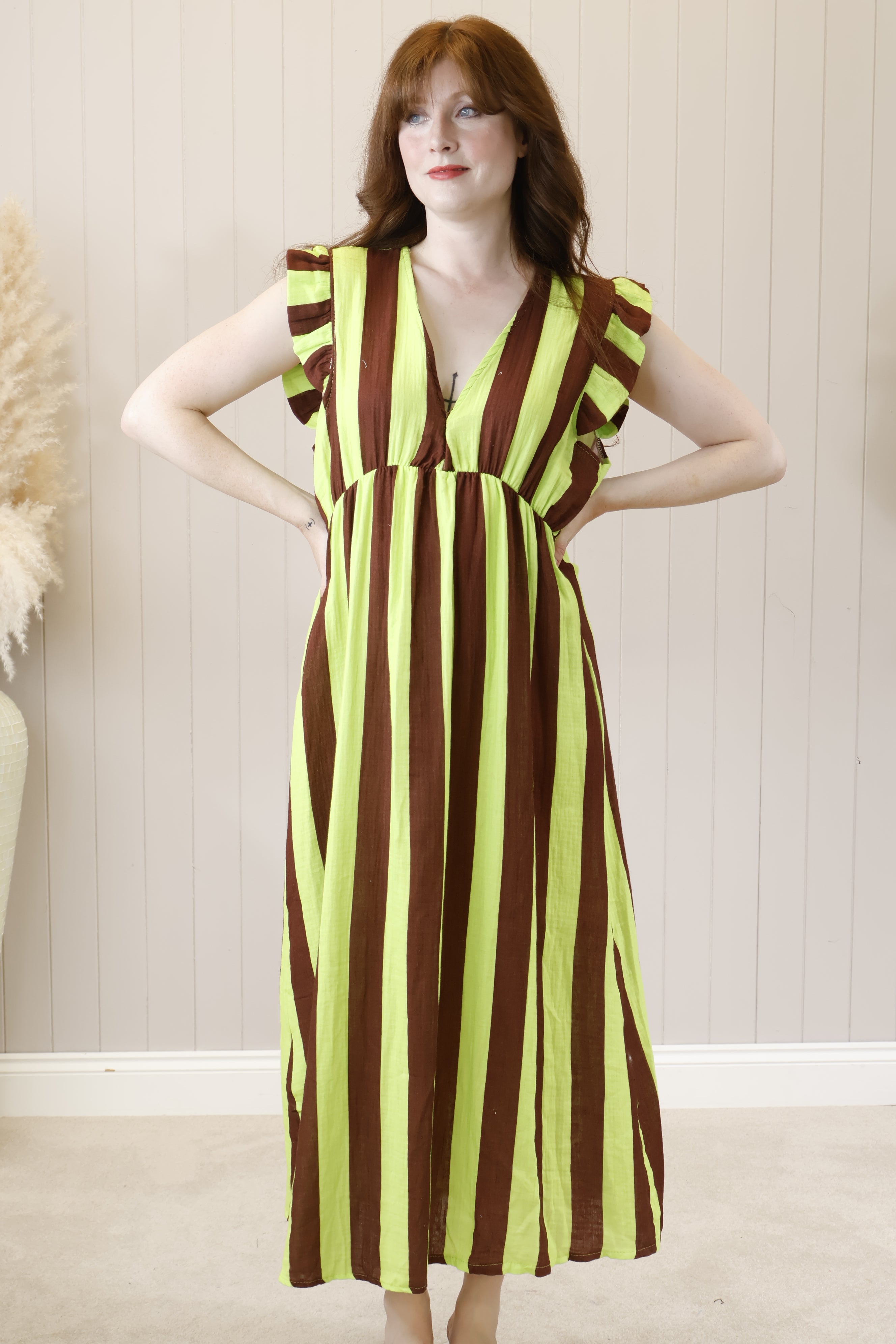 Saffi Stripe Maxi Dress Chocolate Brown - Elegant Long Flowy Summer Dress for Women | Perfect for Beach Vacations, Weddings & Date Nights