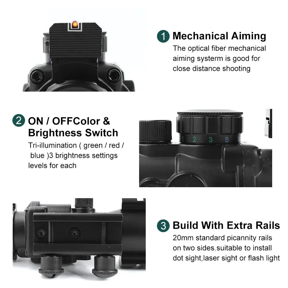 ACOG 4x32 Tactical Rifle Scope with Fiber Optic Iron Sights | 20mm Prism Optics for Hunting & Target Shooting | Durable Reflex Sight for AR-15, Sniper Rifles & Tactical Firearms | Ideal for Outdoor Adventures, Range Practice & Home Defense