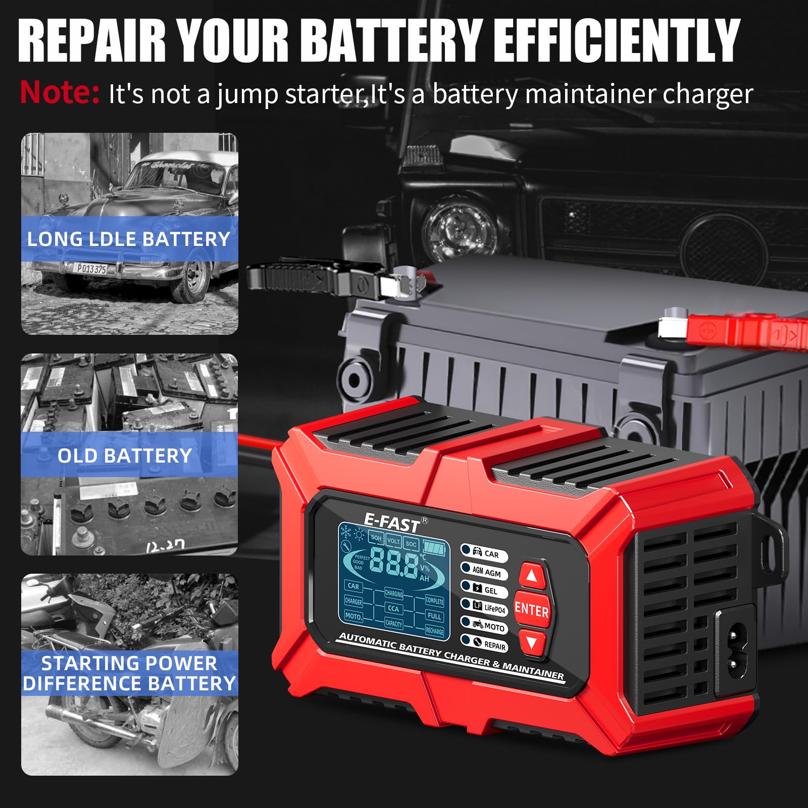 E-FAST 3-in-1 12V 6A Car Battery Charger, Battery Tester & Maintainer with Pulse Repair - Digital Auto Battery Analyzer for LiFePO4/Lead Acid Batteries (40-999 CCA) - Perfect for Automotive, RV, Boat & Motorcycle Battery Maintenance