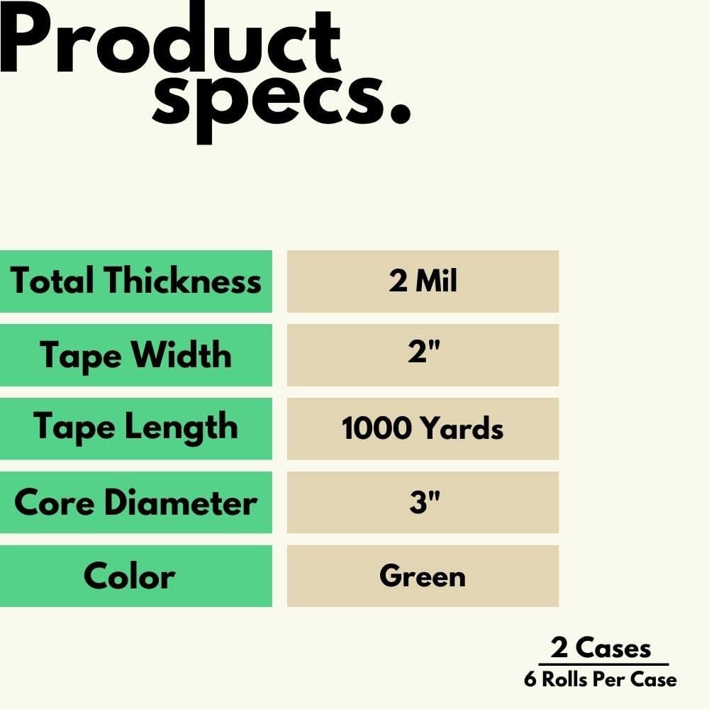 MMBM 2 Inch x 1000 Yards Green Packing Tape - 12 Rolls Commercial Grade 2.0 Mil Shipping Tape with 3 Inch Core for Industrial Packaging, Warehouse Use & Ecommerce Shipping | Heavy-Duty Adhesive for Box Sealing, Moving & Logistics