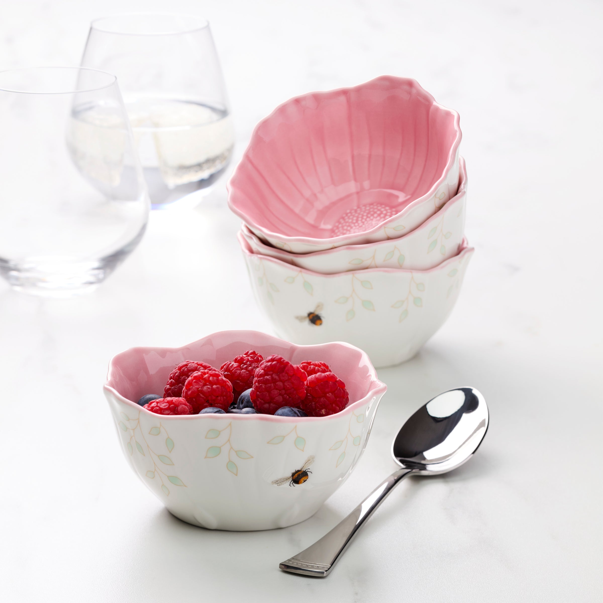 Butterfly Meadow Floral Pink Dessert Bowls Set of 4 - Elegant Porcelain Small Plates for Ice Cream, Pudding, Snacks - Perfect for Parties, Tea Time, and Home Decor