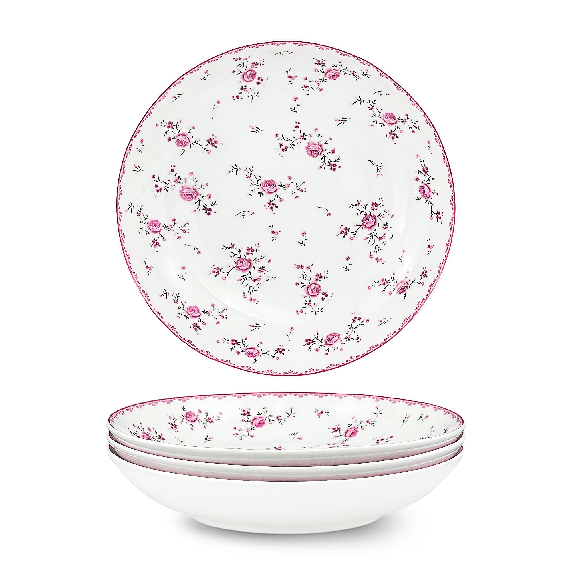 Fanquare 8-Inch Porcelain Salad Bowls Set of 4, Round Floral Dinner Plates for Soup, Pasta, Dessert & Fruit - Perfect for Family Dinners, Parties & Restaurant Serving