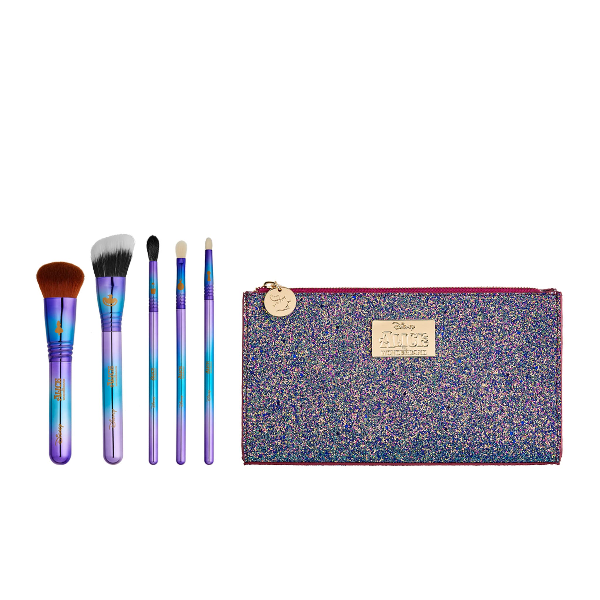 Sigma Beauty & Disney Alice in Wonderland Makeup Brush Set - 5 Piece Hypoallergenic Professional Brush Kit (2 Face Brushes + 3 Eyeshadow Brushes) with Free Beauty Bag - Perfect for Seamless Blending, Contouring & Travel Makeup Application