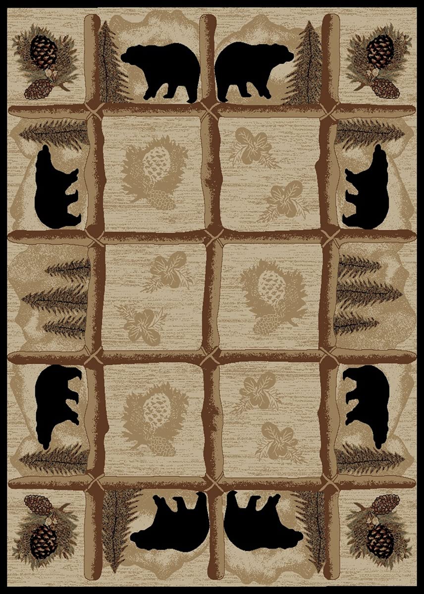 Rustic Lodge Area Rug with Bear Cabin Design - 5'3