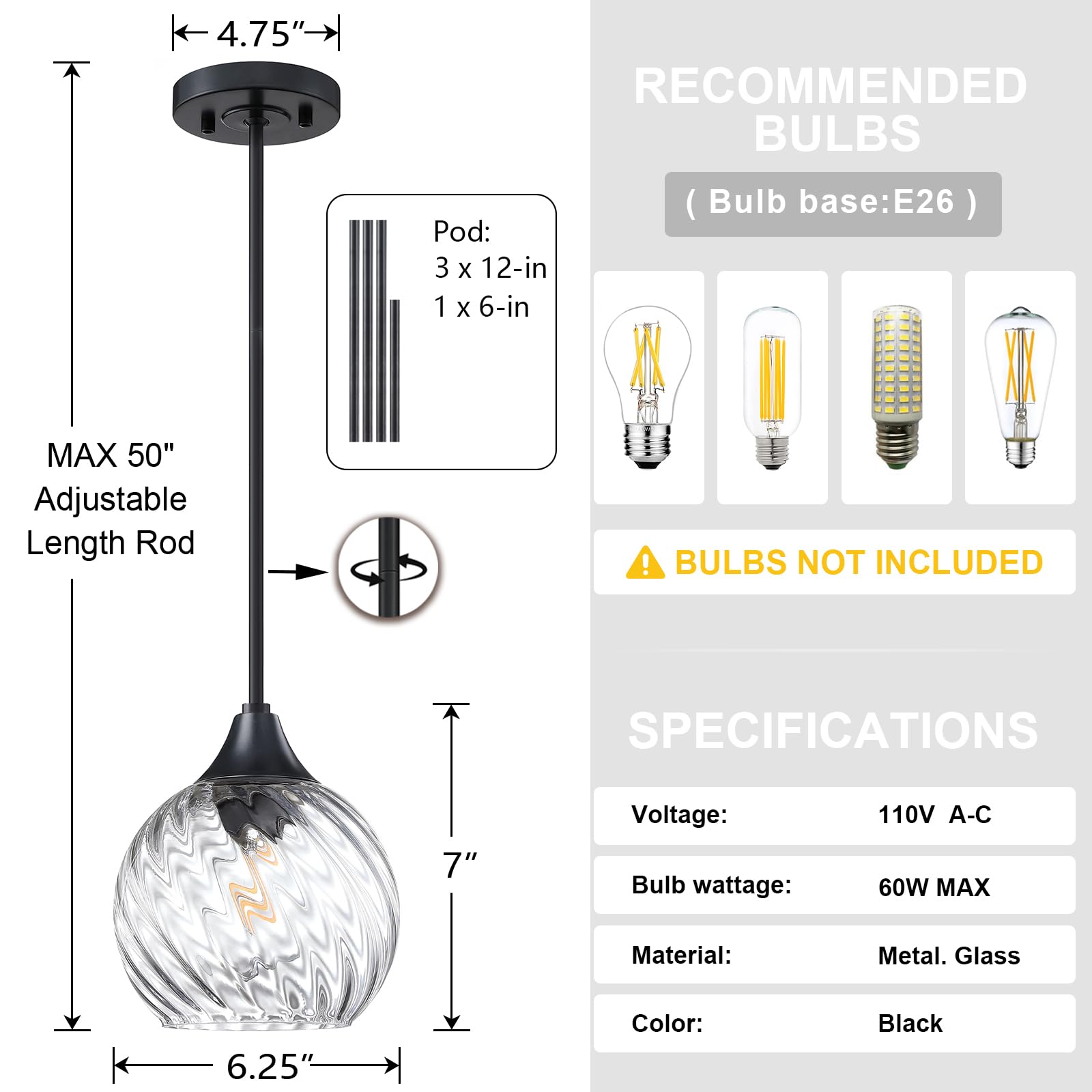 3 Pack Black Modern Farmhouse Pendant Lights - 6.3