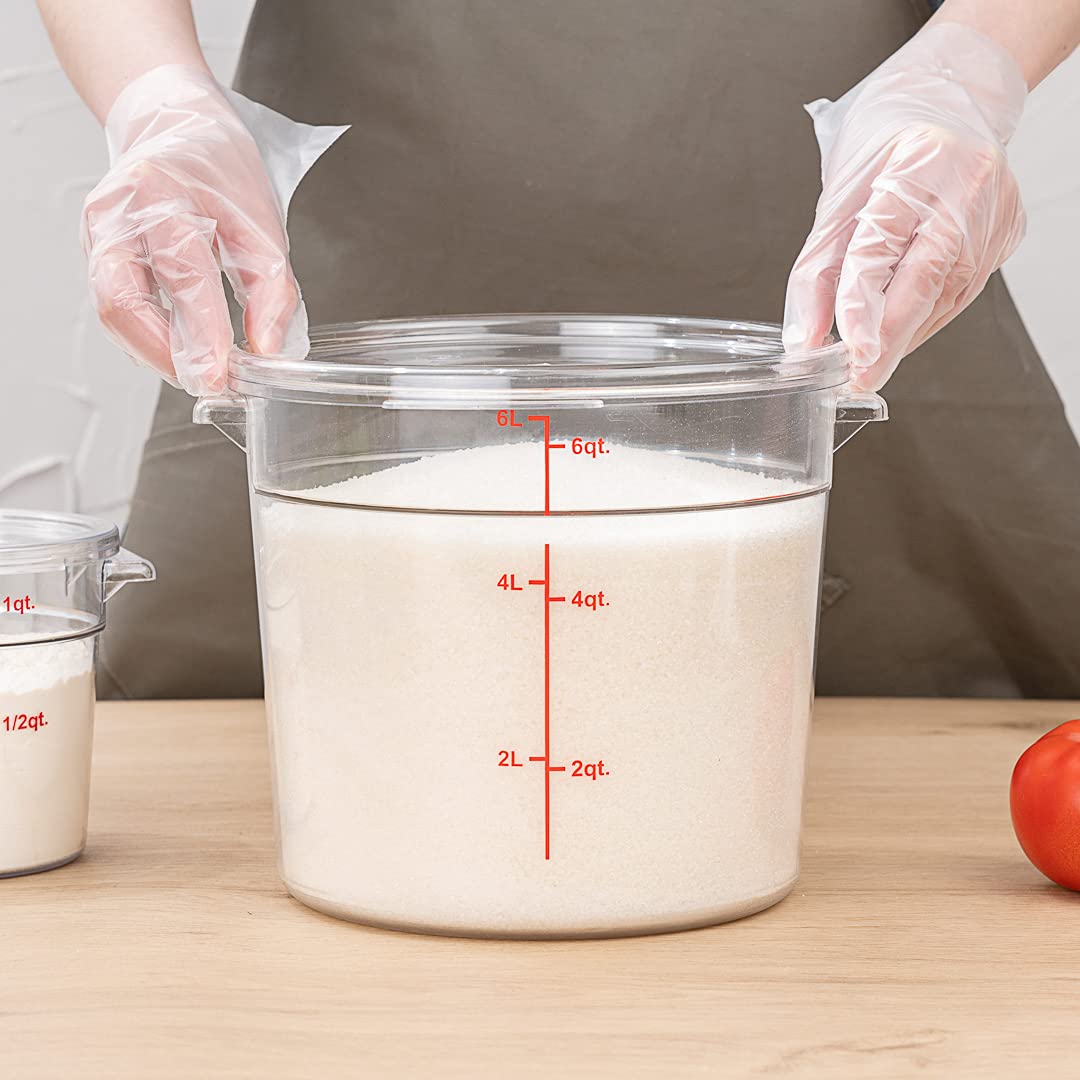 Restaurantware Met Lux 6 Quart Clear Plastic Food Storage Containers - 10 Pack Round Commercial Food Prep Buckets with Volume Markers (Lids Sold Separately) for Kitchen, Restaurant, and Catering Use - Space-Saving Storage Solution