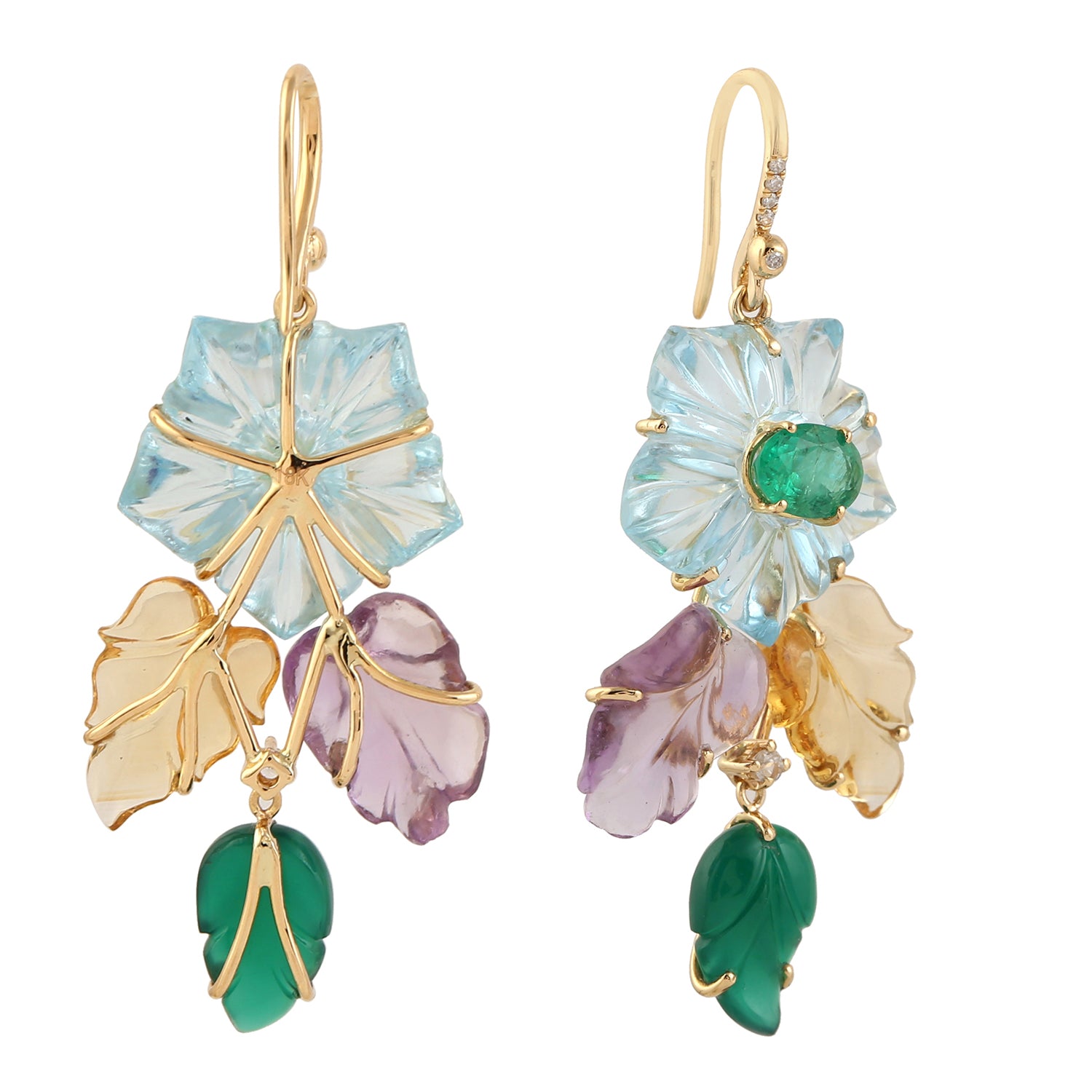 Exquisite Gold Hook Earrings with Carved Mix Stone, Emerald, Sapphire & Pave Diamond Leaf Floral Design – Perfect for Weddings, Parties & Special Occasions
