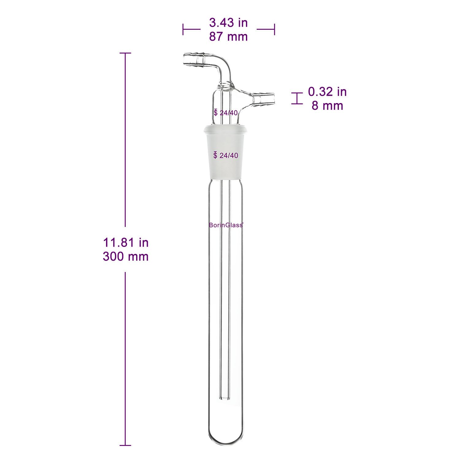 BorinGlass Glass Vacuum Cold Trap Bubbler - 200mm Length with 24/40 Joint & 10mm Serrated Hose - Ideal for Chemistry Labs, Distillation, and Scientific Experiments