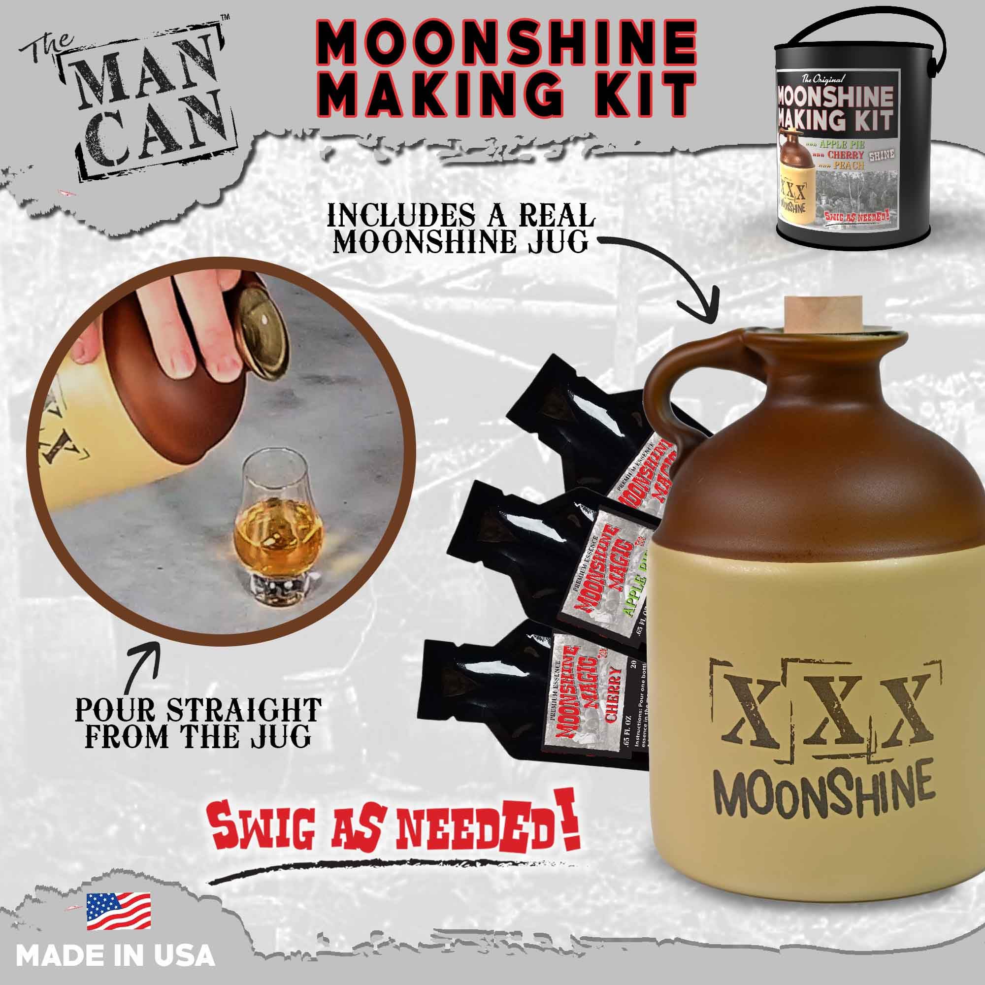 DIY Moonshine Making Kit for Men - Home Distilling Kit with 750ml Glass Jug & Apple Pie, Cherry, Peach Flavorings - Perfect for Homemade Whiskey, Gifts & Craft Cocktails
