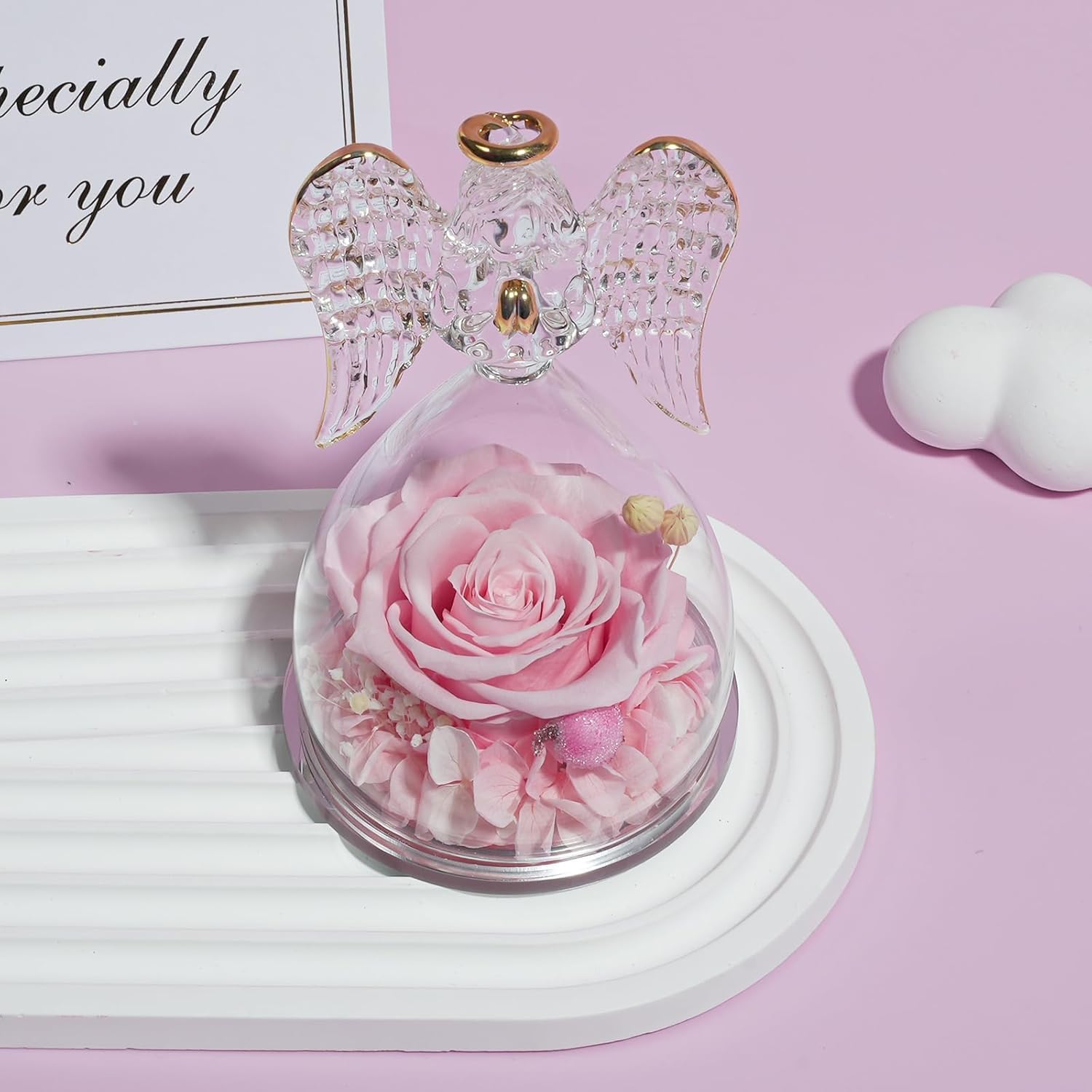 Yamonic Angel Figurine with Real Preserved Rose - Perfect Birthday Gift for Mom, Grandma, Her | Mother's Day, Christmas, Anniversary Present | Elegant Home Decor for Living Room, Bedroom (Pink)