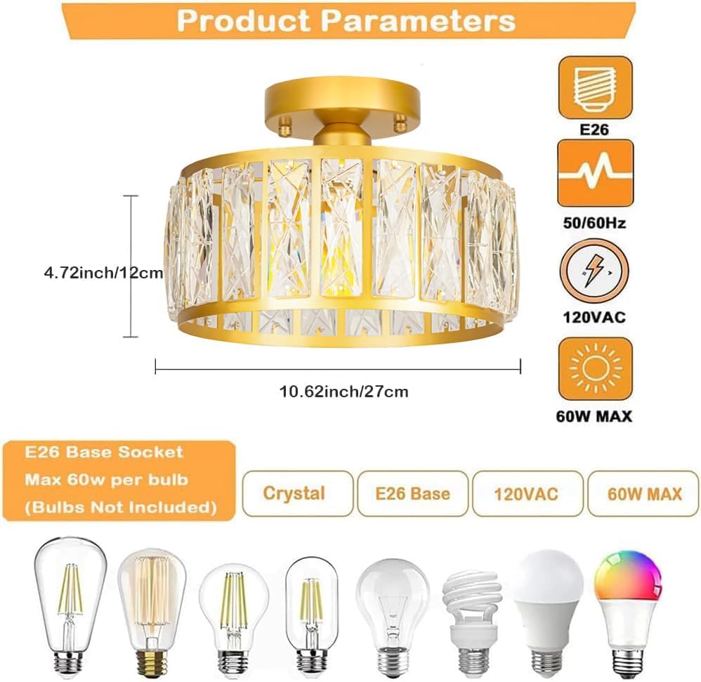 Modern Gold Semi Flush Mount Ceiling Light - Crystal Chandelier Lighting Fixture for Hallway, Kitchen, Entryway, Bedroom & Laundry | Elegant Home Decor & Ambient Lighting Solution