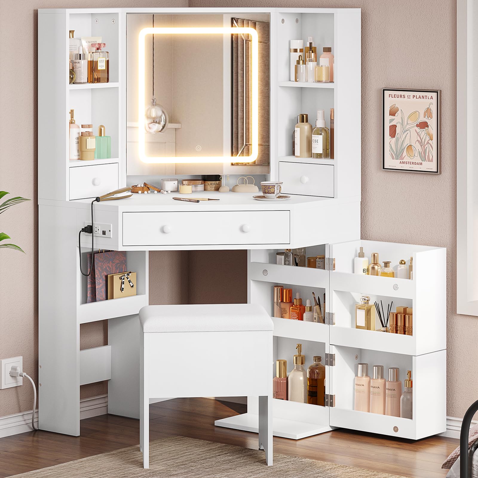 White Corner Vanity Desk with LED Lights & USB Charging Station - Makeup Vanity Set with Mirror, Storage Stool, Drawers & Rotating Shelves - Perfect for Bedroom, Dorm Room or Small Space Beauty Station