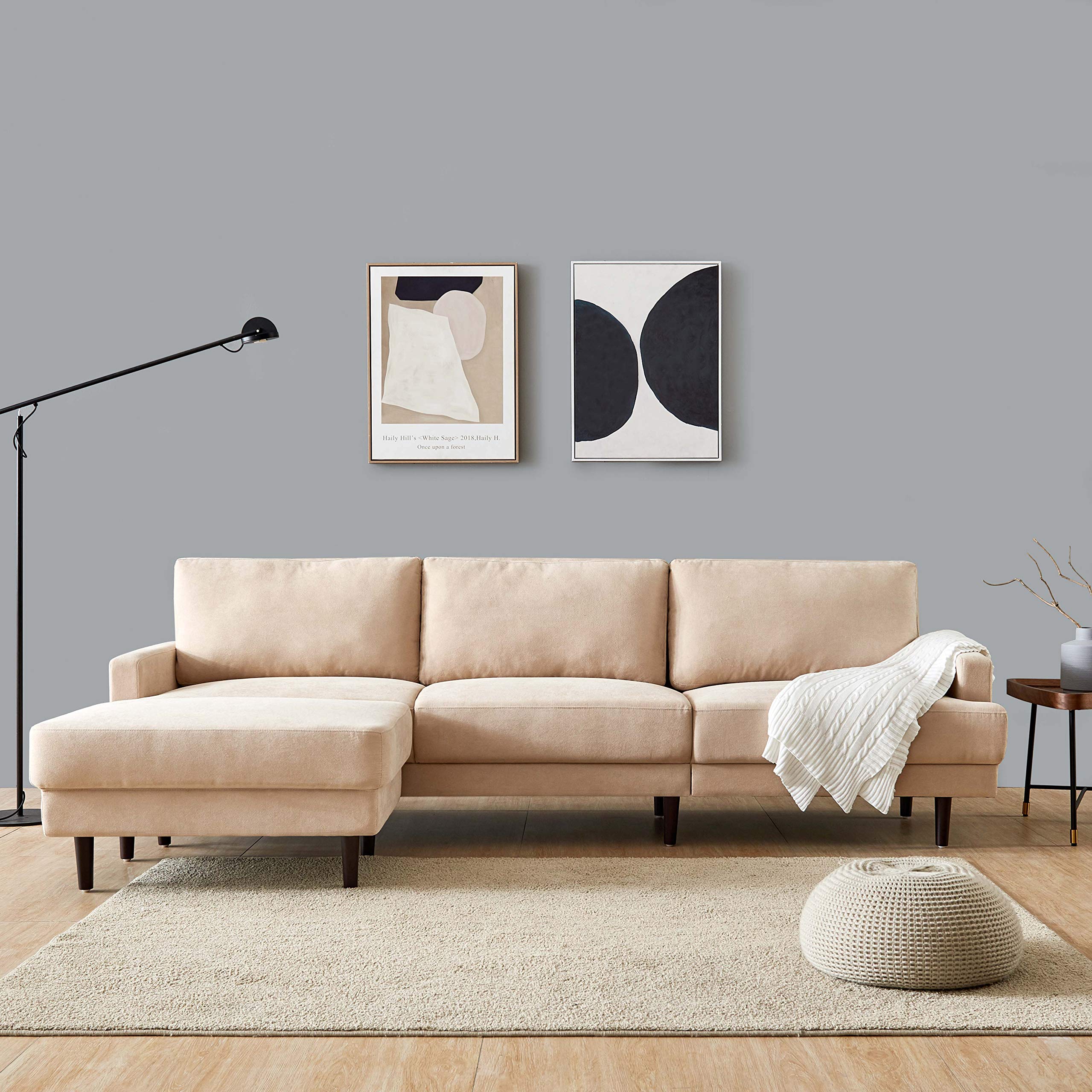 JULYFOX 104-Inch Wide L-Shaped 3-Seat Corner Sofa with Reversible Chaise & Ottoman - Overstuffed Beige Polyester Fabric Sectional Couch for Living Room, Office, Club - Perfect for Small Spaces & Apartment Lounging
