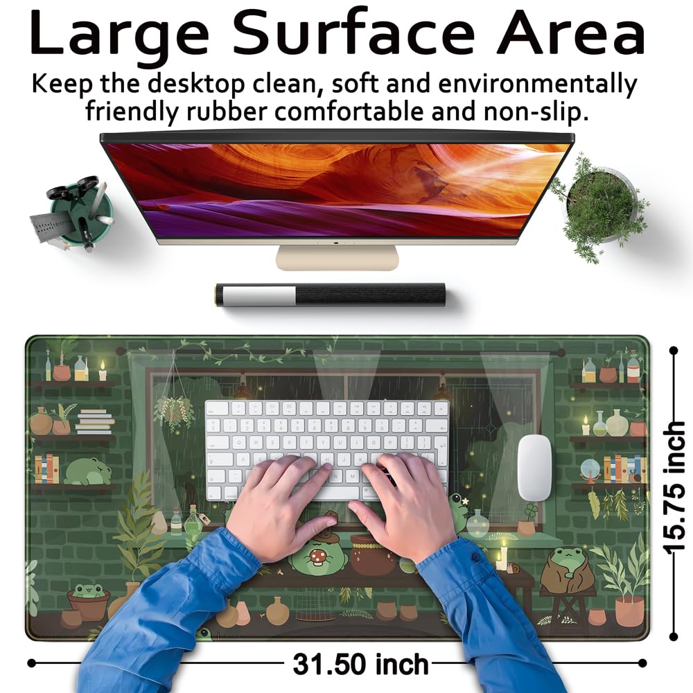 Kawaii Frog Mouse Pad - Large 31.5x15.7 Inch Cute Green Gaming Desk Mat with Stitched Edges for Computer Keyboard | Anime Office Accessories for Girls | Perfect for Home Office, Gaming Setup & School Workstation