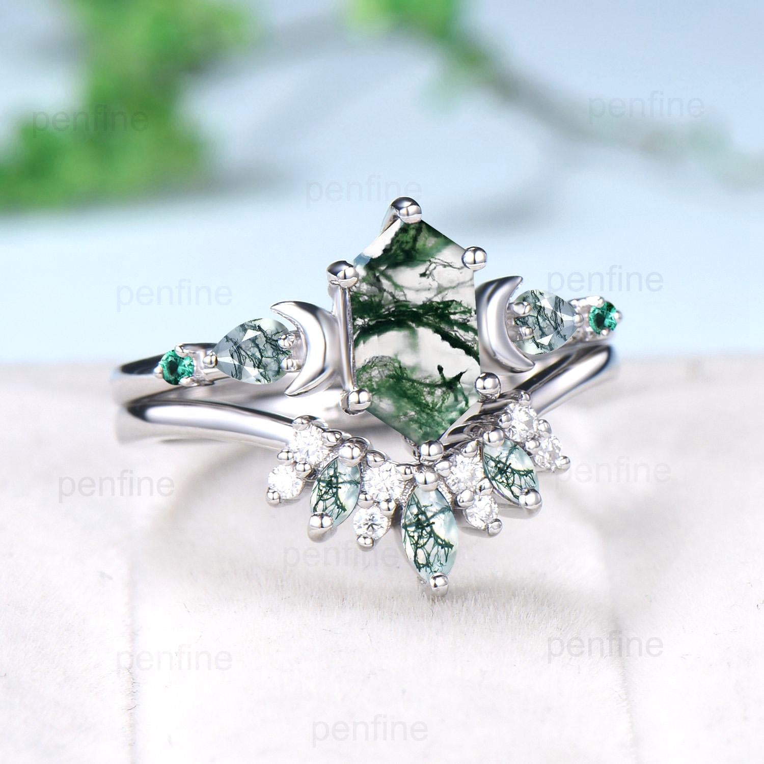 Magic Crescent Moon Moss Gate Ring Set - Unique Long Hexagon Moss Agate Engagement Ring, Art Deco Emerald Wedding Ring Set, Vintage Bridal Jewelry for Boho Weddings & Nature-Inspired Proposals