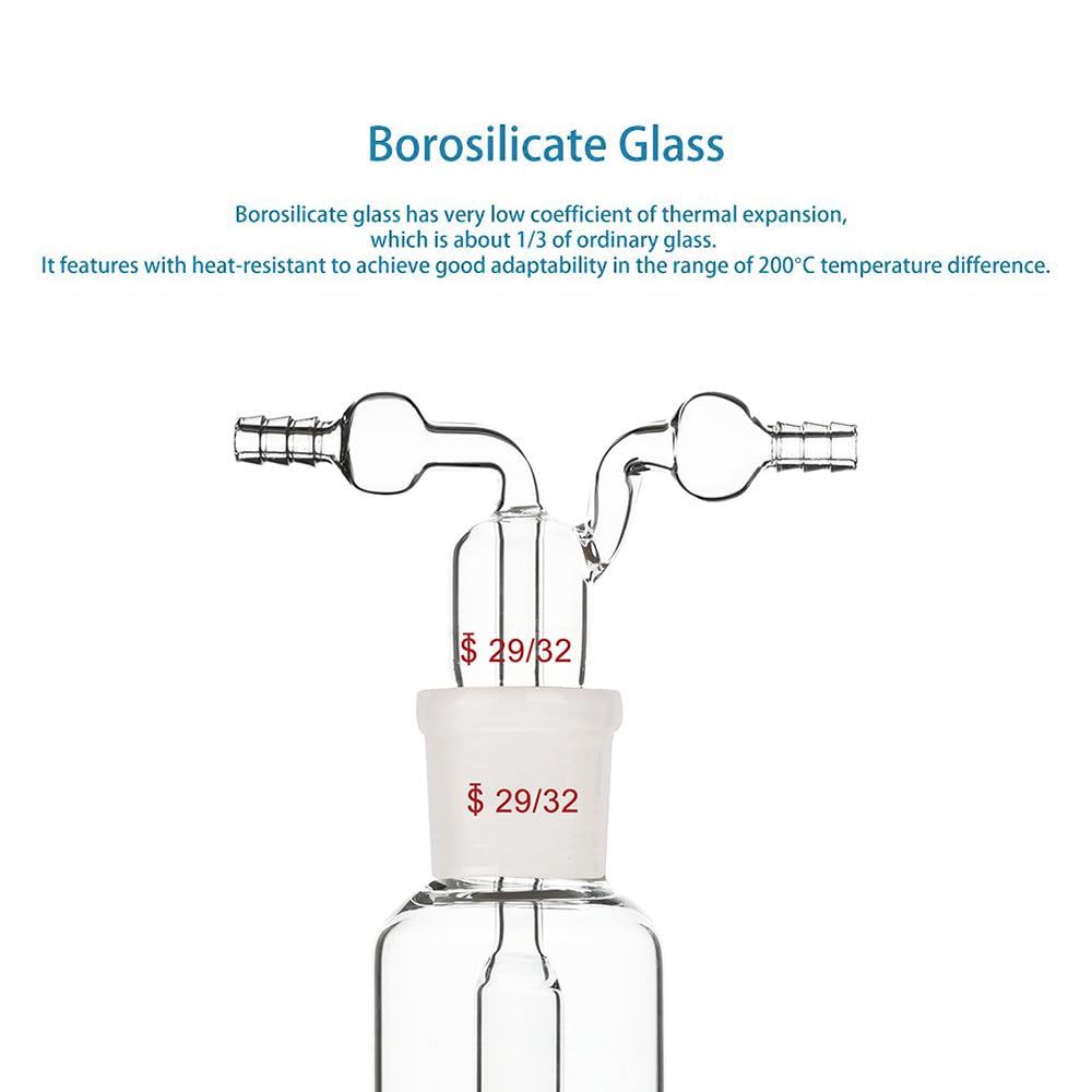 Stonylab Gas Washing Bottle - 250ml Borosilicate Glass with 29/32 Standard Joint & 8mm Serrated Hose - Ideal for Chemistry Labs, Gas Purification & Science Experiments