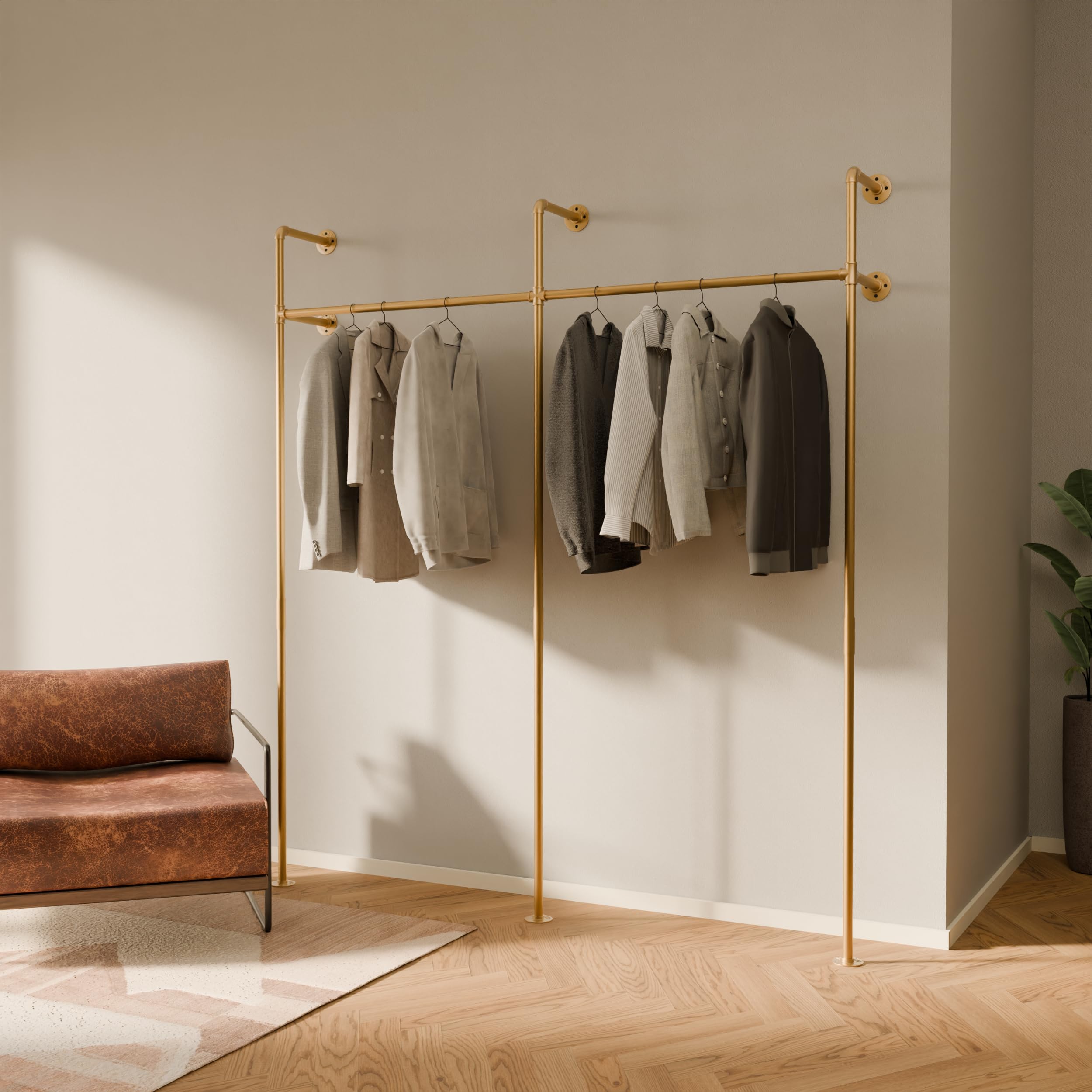Heavy Duty Gold Industrial Pipe Clothing Rack - 440 lbs Capacity Wall Mounted Garment Rack for Walk-In Closet & Wardrobe Organization - Perfect for Home, Laundry Room & Boutique Store Display