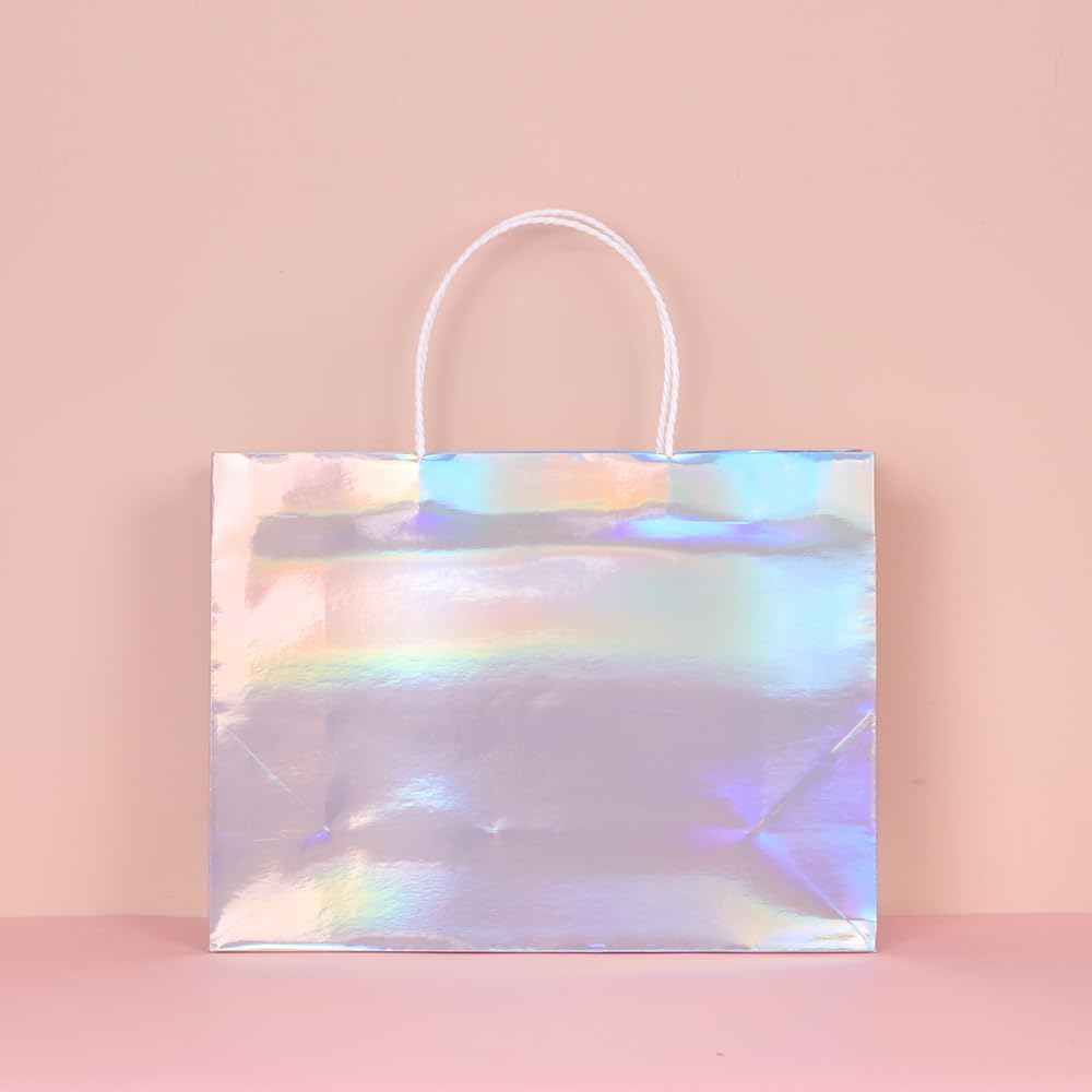 PAPERIST 6-Pack 11.8x4.7x9 Inch Medium Holographic Silver Gift Bags with Premium White Handles - Glossy Laminated Paper Bags for Birthday, Wedding & Party Favors