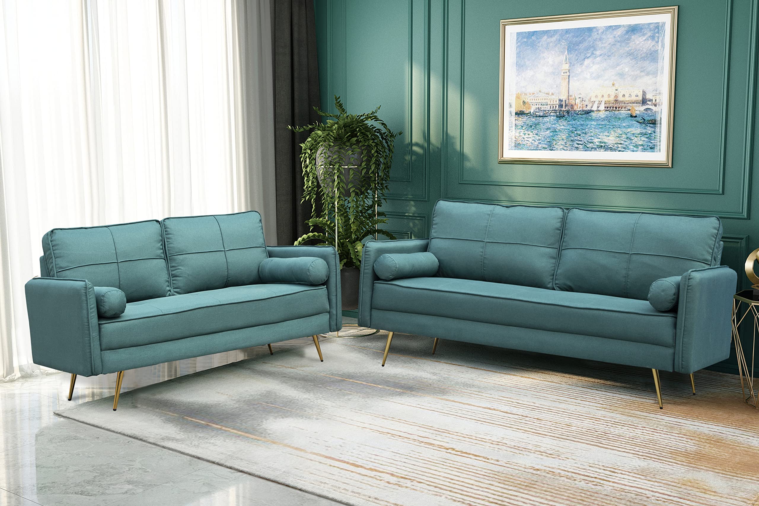 Luxury Modern Velvet Sofa Tufted Couch with Bolsters & Metal Legs - Green Upholstered Loveseat for Living Room, Bedroom, Apartment | Cozy Seating for Relaxing, Entertaining & Small Space Decor