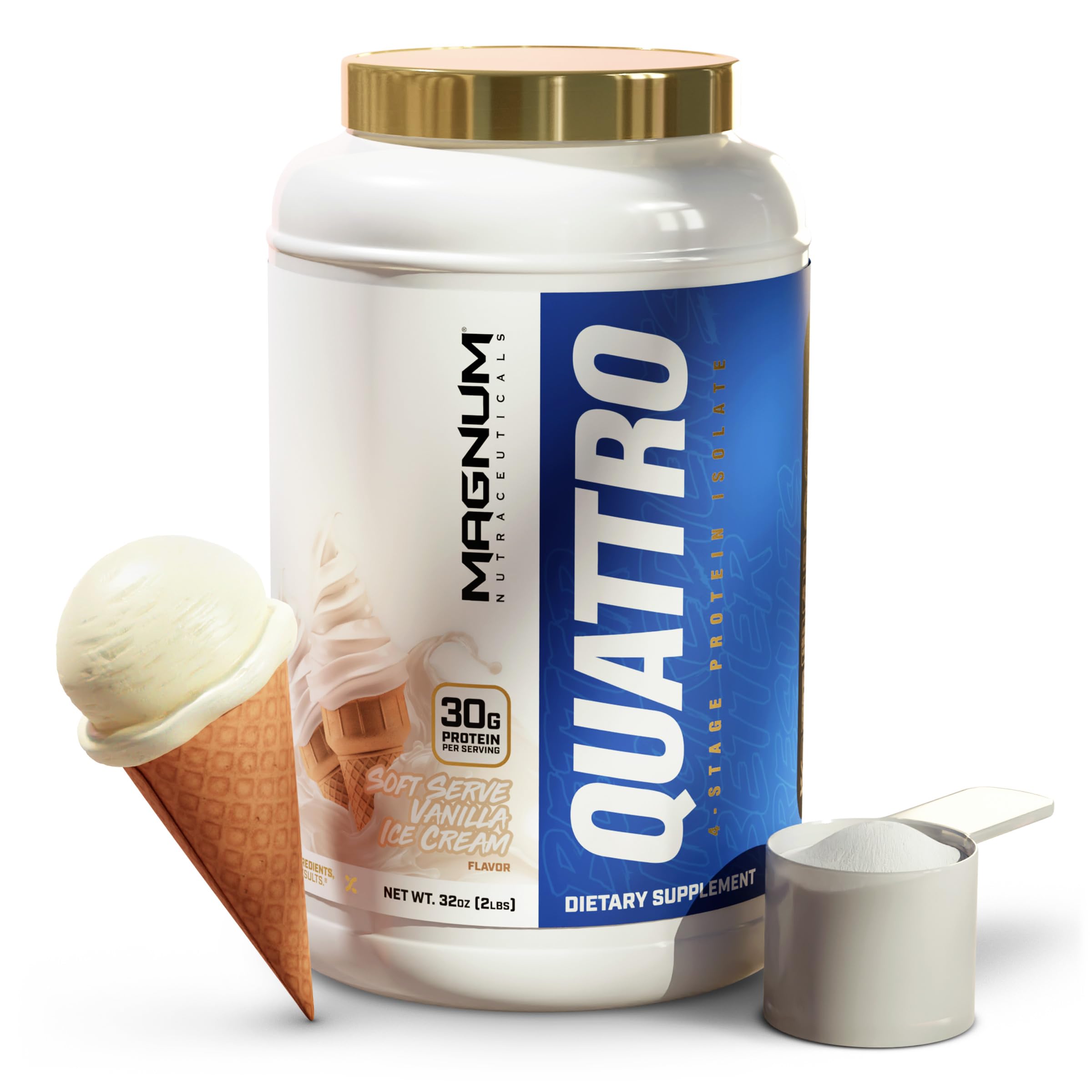 QUATTRO Magnum Nutraceuticals Whey Protein Powder - Vanilla Soft Serve Ice Cream Flavor, 2lb | Premium Protein Isolate Blend for Muscle Growth & Recovery | Post-Workout & Meal Replacement for Athletes & Fitness Enthusiasts