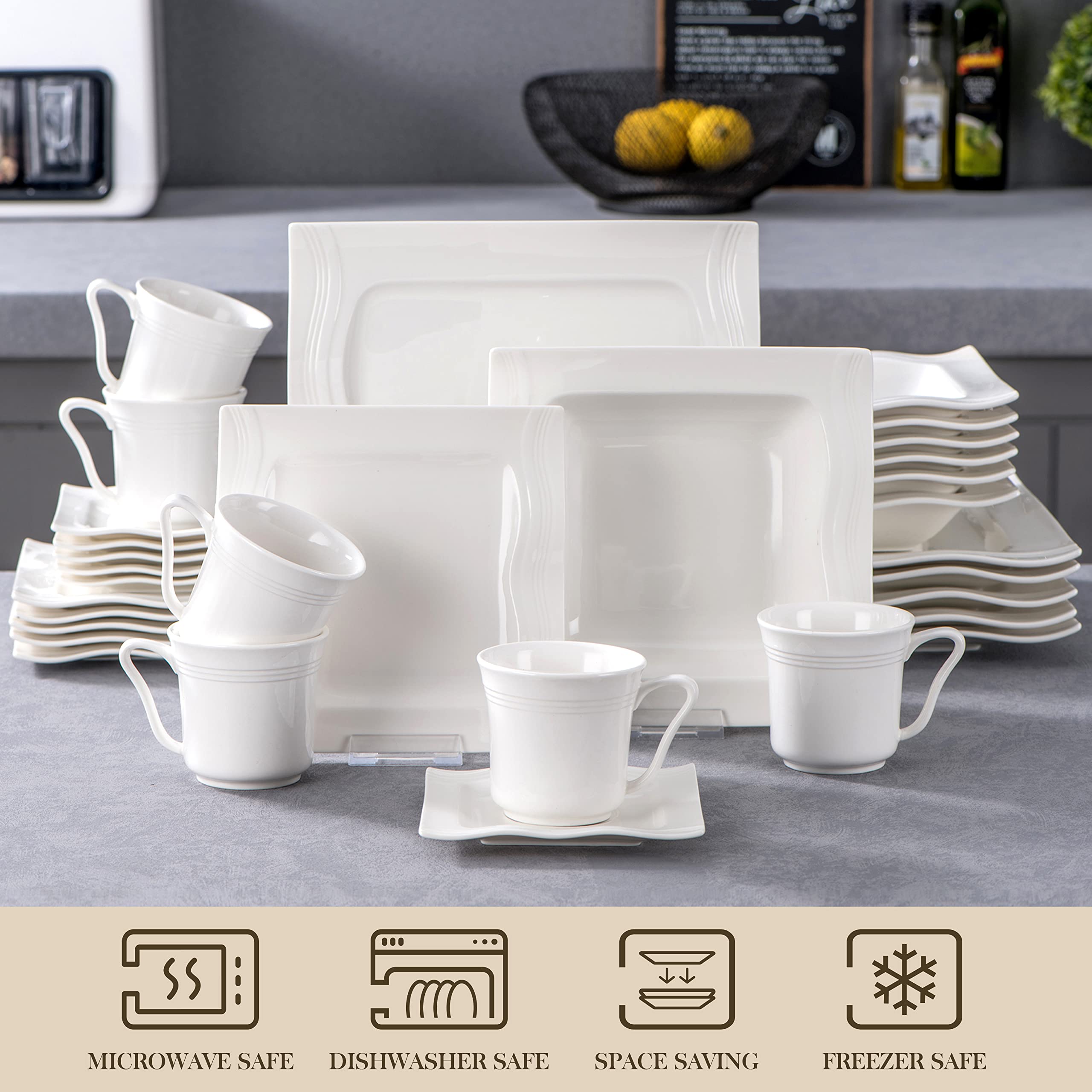 MALACASA 30-Piece Porcelain Dinnerware Set for 6 - Modern Ivory White Square Plates & Bowls Set Includes Dinner Plate, Dessert Plate, Soup Bowl, Cup & Saucer - Elegant Dishware for Dining, Restaurants, and Home Entertaining