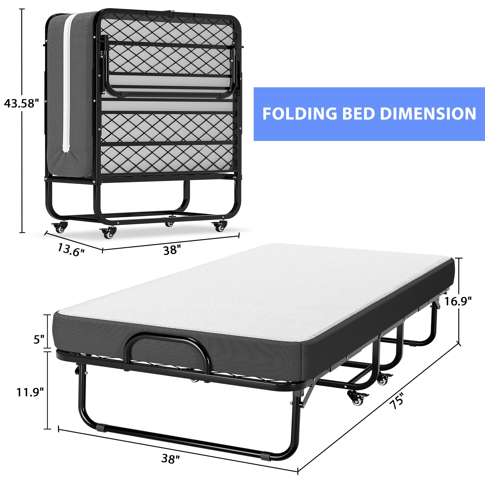 DICTAC Twin Size Folding Bed with 5