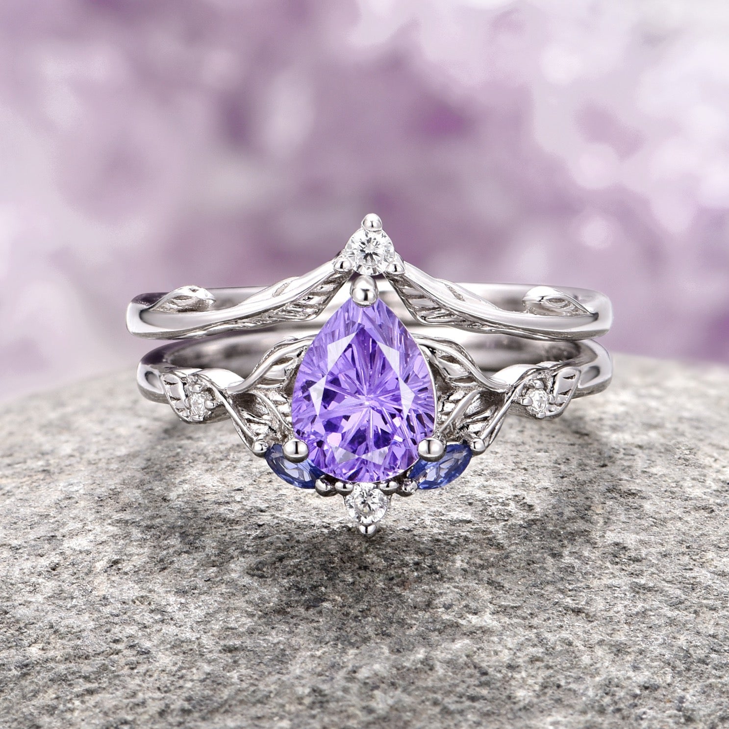 Airee Star Cut Lavender Sapphire Ring Set - Sterling Silver Jewelry for Women, Elegant Gift for Anniversary, Wedding, Engagement & Special Occasions