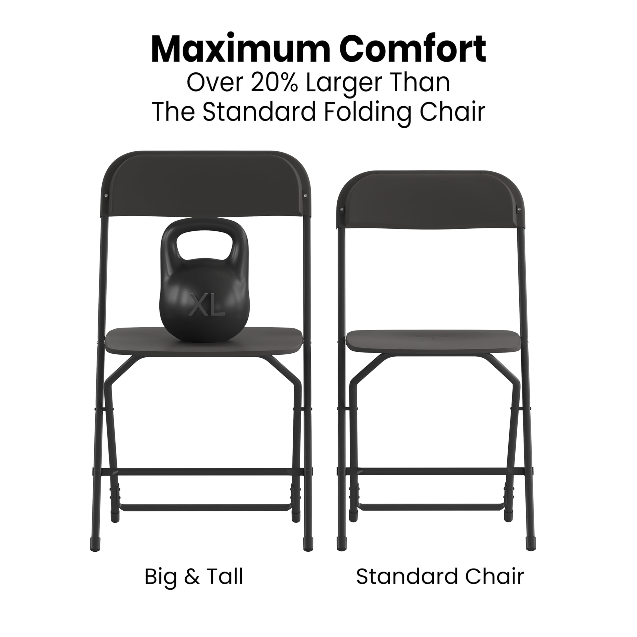 EMMA + OLIVER 4 Pack Extra Wide Folding Chairs - Heavy Duty Black Polypropylene Seats with Sturdy Metal Frame - Supports 650 lbs - Protective Floor Glides for Indoor & Outdoor Use - Perfect for Parties, Camping, and Events