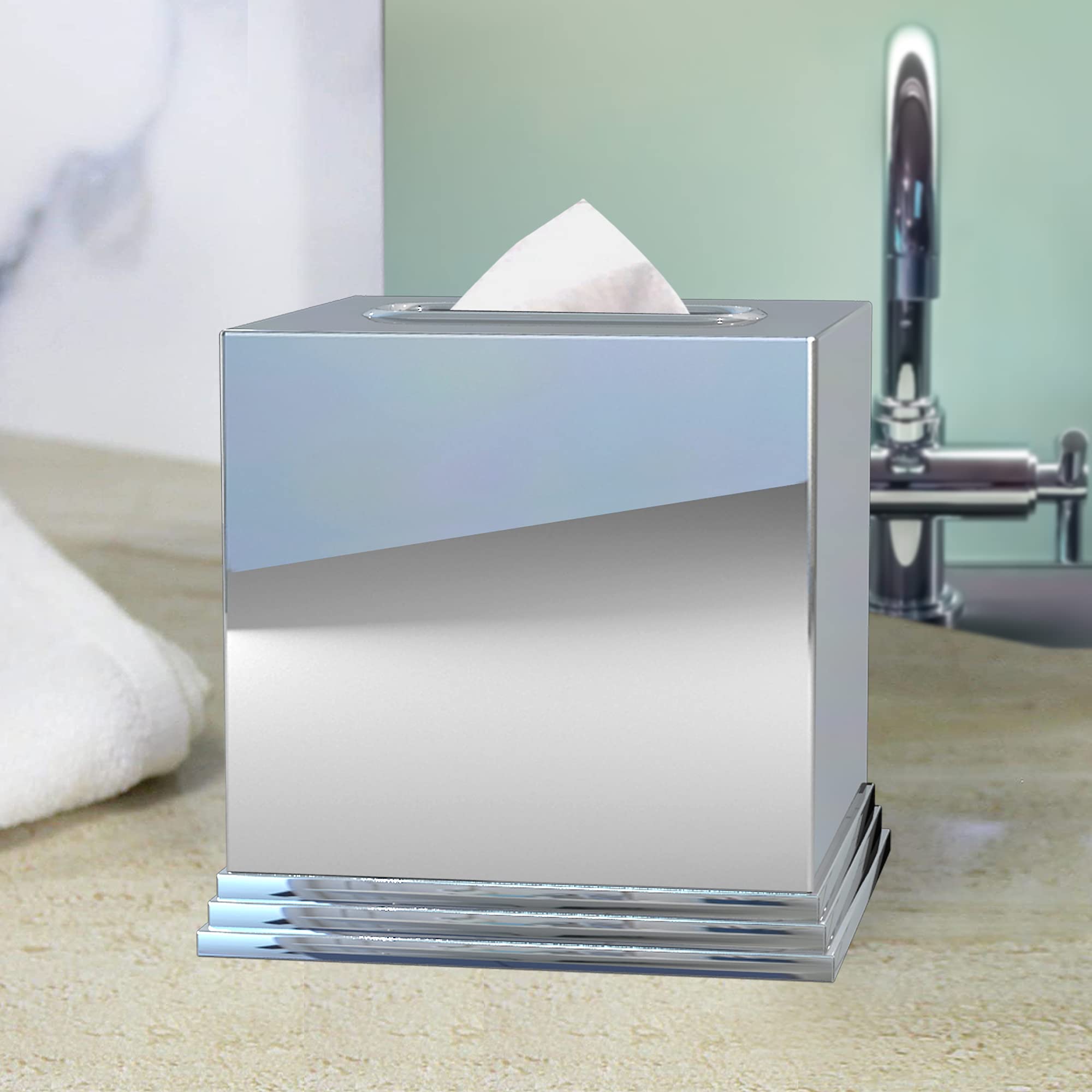 Premium 304 Stainless Steel Square Tissue Box Cover - Elegant Chrome Finish for Bathroom Vanity, Bedroom Dresser, Nightstand & Office Desk | Durable & Stylish Home Decor Accessory | Perfect for Modern Living Rooms, Spas & Hotels