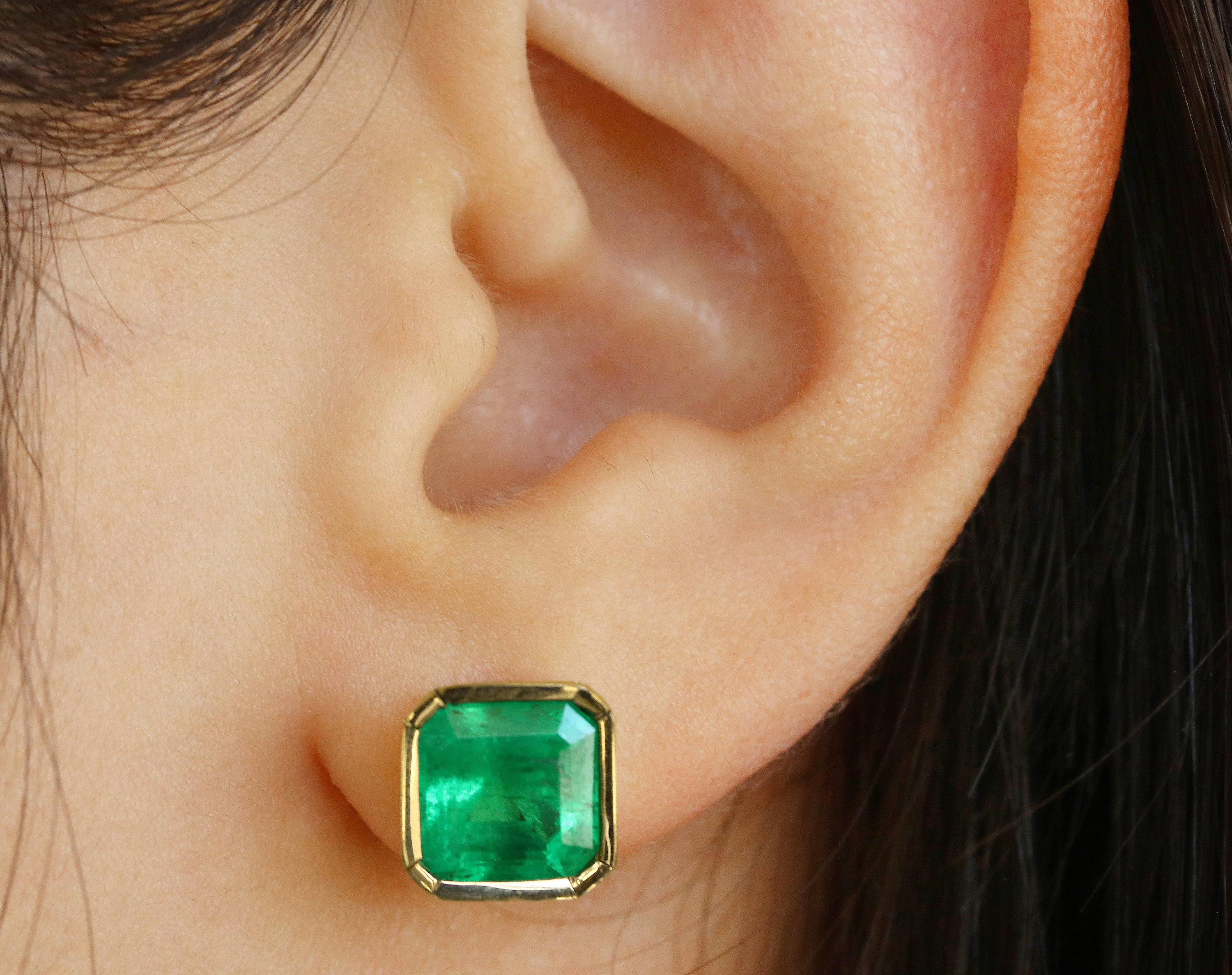 4.15 Carat Vivid Apple Green Emerald Bezel Set 14K Gold Stud Earrings for Women - Perfect for Weddings, Parties & Special Occasions