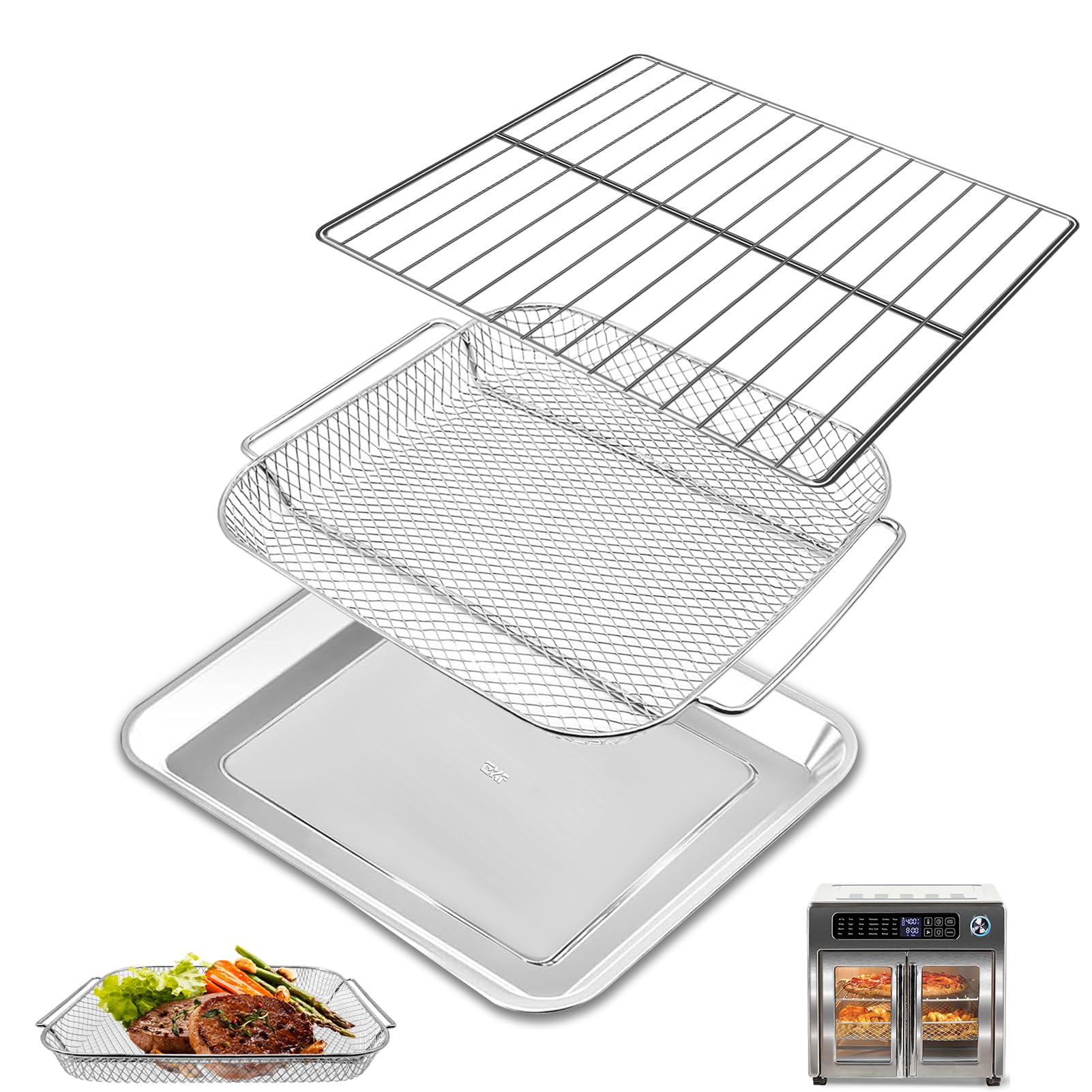 GWY Baking Tray & Wire Rack Set for Emeril Lagasse 26QT Convection Toaster Oven - Extra Large Air Fryer Accessories with French Doors, Includes Grill Plate & Crisper Plate - Perfect for Baking, Roasting & Air Frying