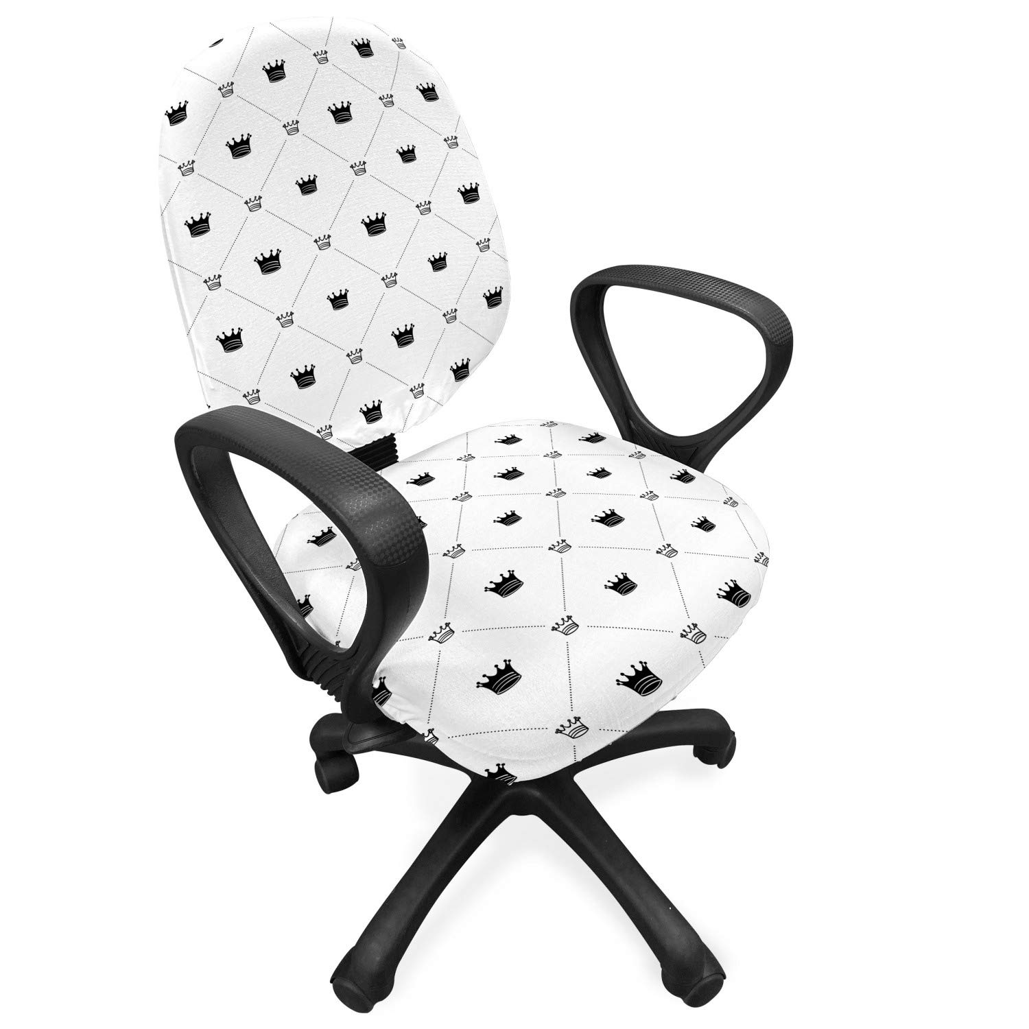 Ambesonne Abstract Office Chair Slipcover - Diamond Check Pattern with Crown Symbol in Monochrome White & Black | Stretchable, Washable Fabric Cover | Standard Size | Perfect for Home Office, Conference Rooms & Workspace Decor