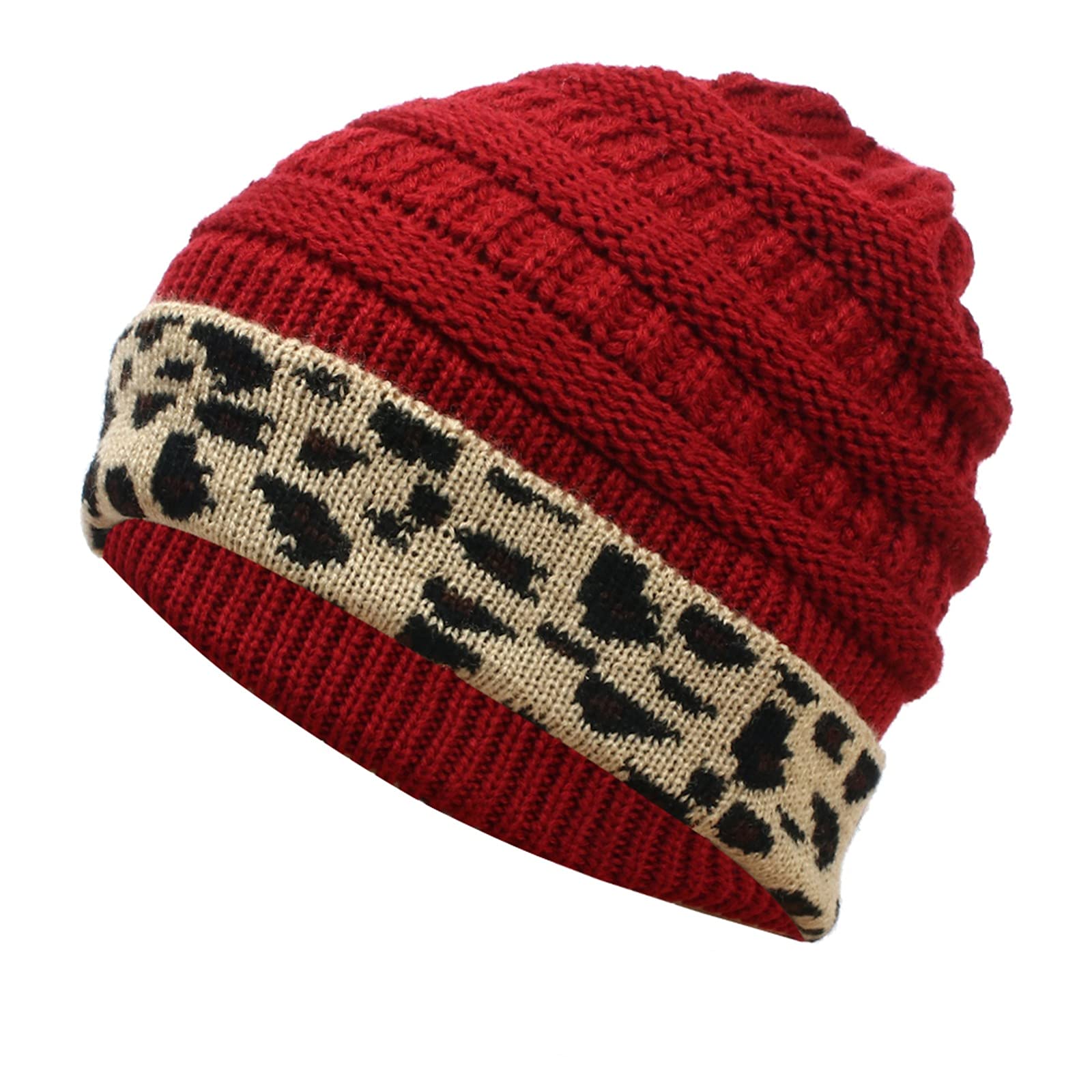 BODOAO Women's Knit Beanie - Soft Chunky Slouchy Winter Hat for Skiing, Snowboarding & Outdoor Activities - Warm Baggy Leopard Print Baseball Cap for Women & Men (Large Size)