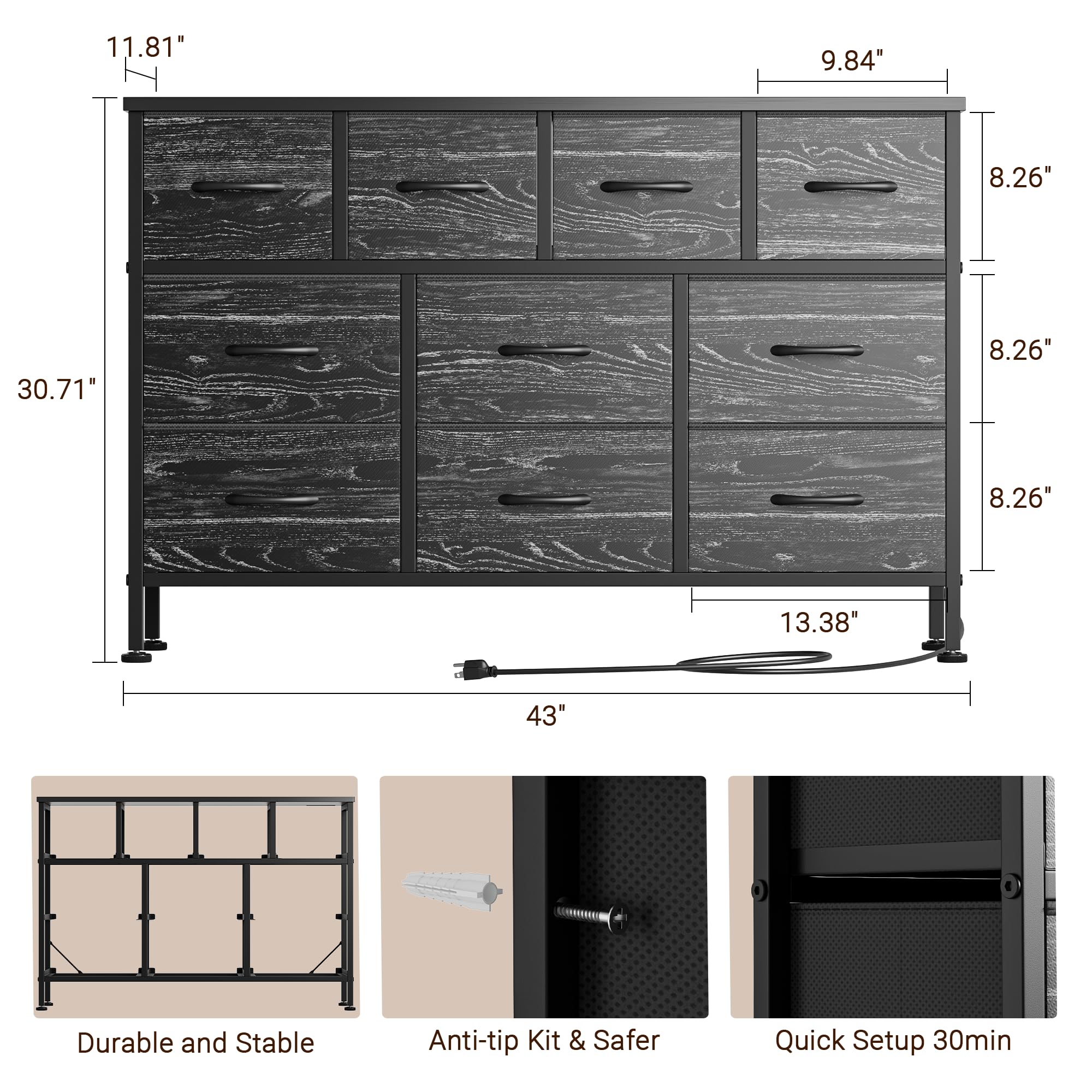 Lulive 10-Drawer Dresser with Power Outlet - Black Fabric TV Stand & Entertainment Center for 55 Inch TVs - Perfect for Bedroom, Living Room, Hallway & Closet Storage Organization