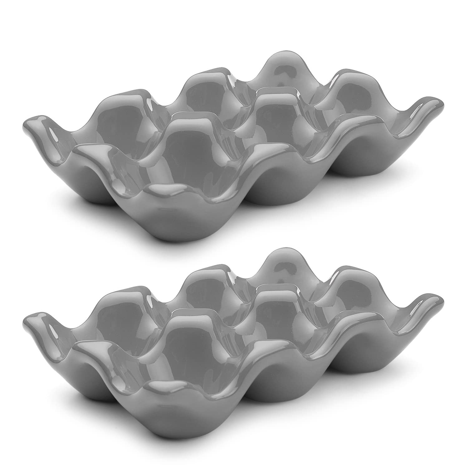 Flexzion 6-Egg Capacity Ceramic Egg Holder - Gray Porcelain Egg Crate for Refrigerator & Countertop Display - Decorative Serving Dish & Storage Organizer (2 Pack) - Perfect for Breakfast Buffets, Kitchen Organization & Farmhouse Decor