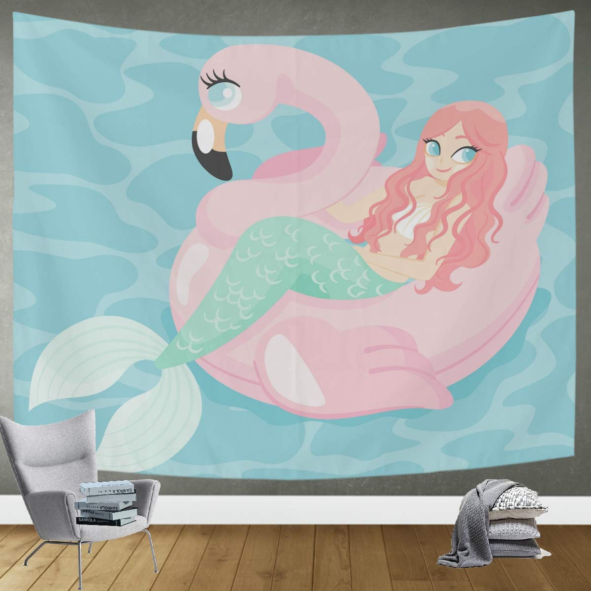 DOMIKING 60x51in Wall Hanging Tapestry - Cartoon Mermaid Flamingo Design for Bedroom, Living Room & Dorm Decor | Lightweight Bohemian Tapestry for Wall Art, Room Dividers & Photo Backdrops