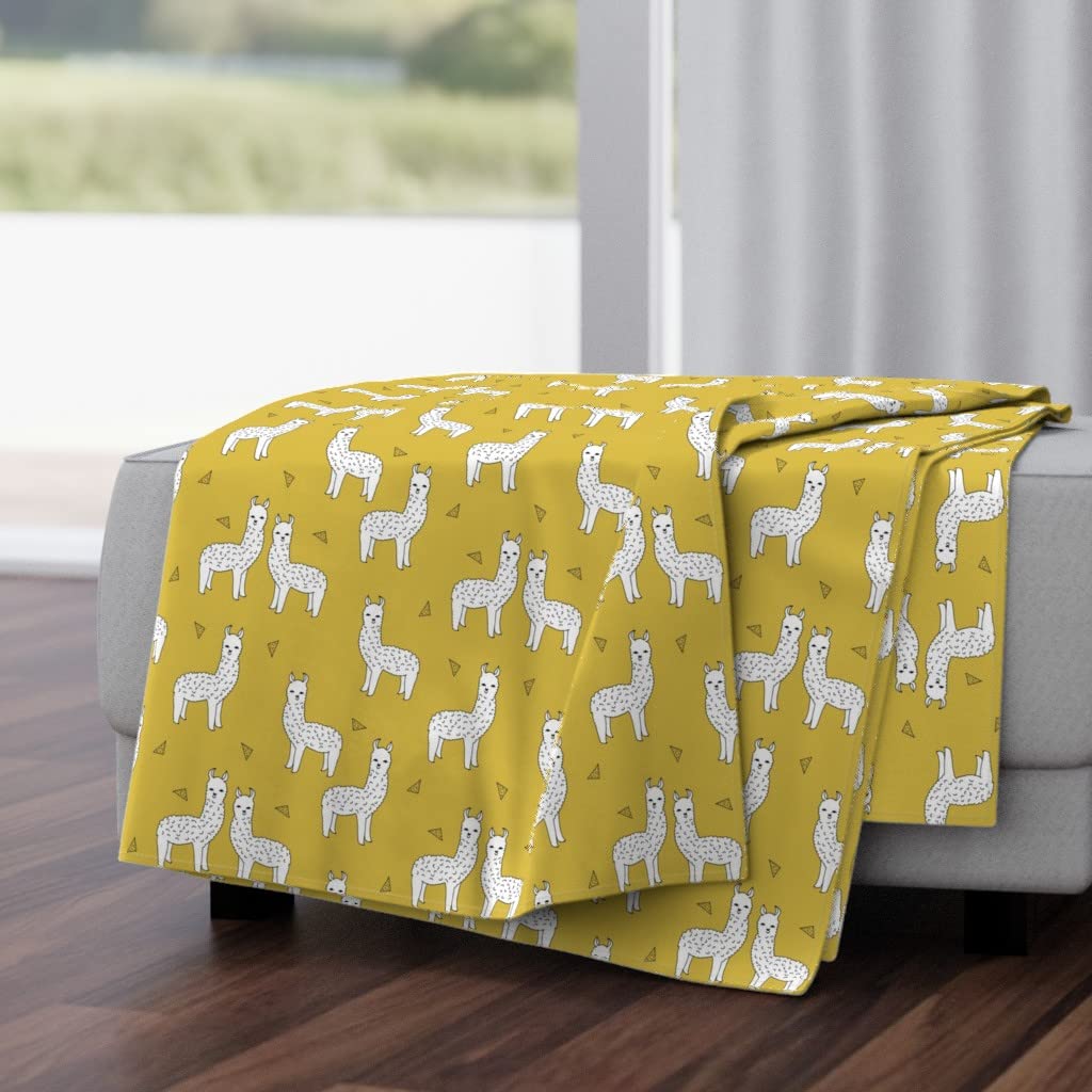 Soft Plush Minky Throw Blanket 50x70 Inches - Gender Neutral Alpaca & Llama Print in Mustard Yellow & Gold | Cozy Nursery Blanket for Babies, Kids Room Decor & Living Room Accent