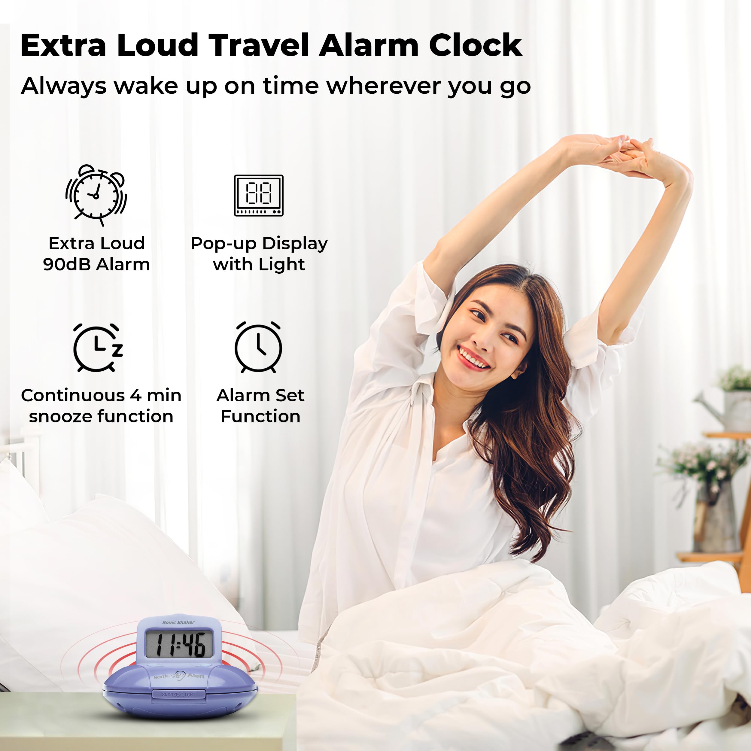 **Sonic Alert Digital Alarm Clock for Heavy Sleepers - Vibrating Travel Alarm Clock with Bed Shaker & Pillow Vibration - Battery Operated Small Digital Clock - Perfect for Travel, Home, and Office Use**