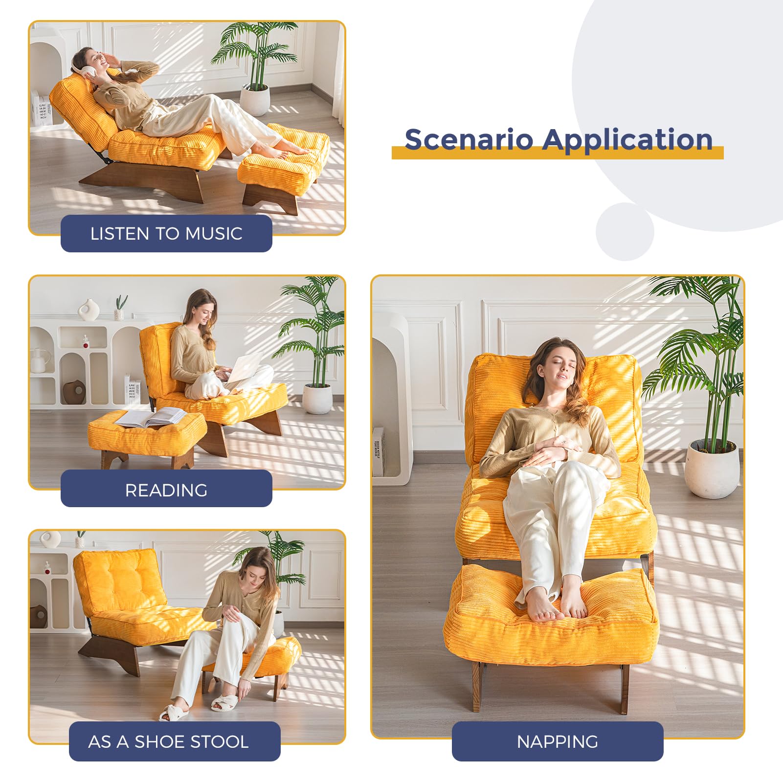MAXYOYO Adjustable Accent Chair with Ottoman Set - Tufted Lounge Chair for Living Room, Bedroom & Office - Comfortable Modern Recliner in Orange - Perfect for Relaxing, Reading & Entertaining Guests