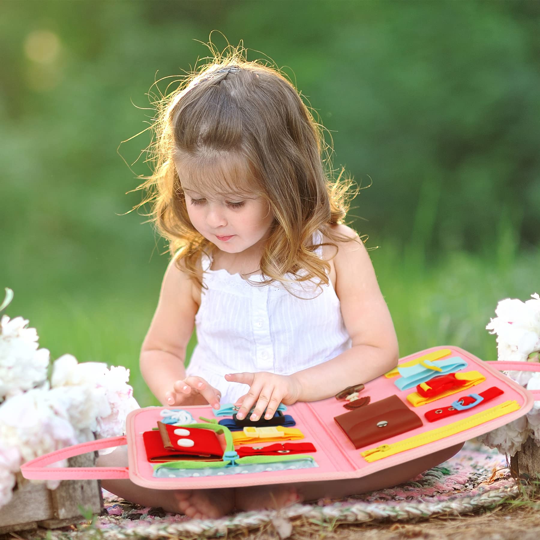 Montessori Busy Board for Toddlers 1-4 Years - Sensory Learning Toys with Buckles & Zippers - Educational Dress Skills Activity Board for Boys & Girls - Travel Toys for Airplane & Car Rides - Perfect Gift for Preschoolers (Pink)
