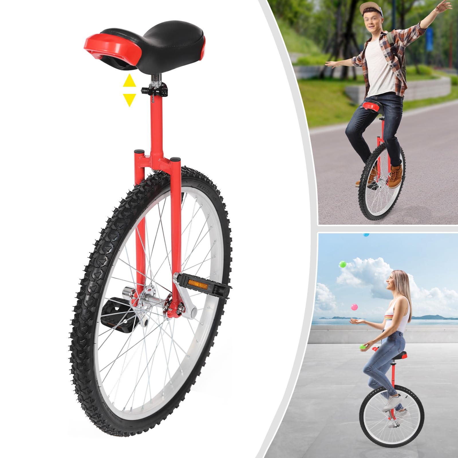 24 Inch Unicycle for Adults - Adjustable Height 32''-37'' with 2 Pedals, 440.9lbs Weight Capacity - Perfect for Outdoor Cycling, Indoor Balance Training & Commuting