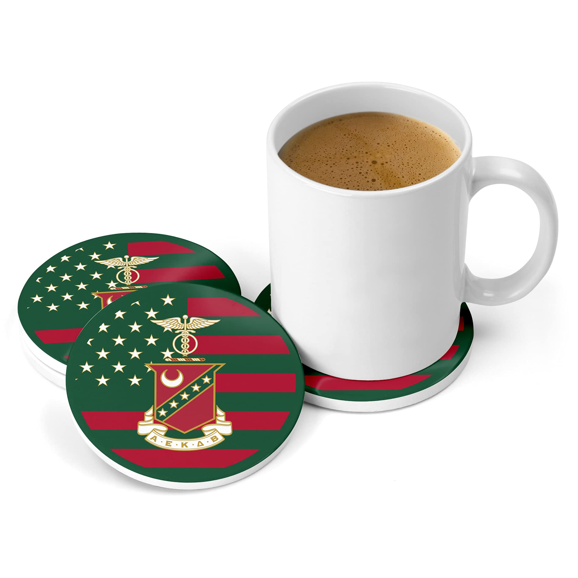 Kappa Sigma Fraternity Ceramic Drink Coasters with Cork Base & Metal Holder - Set of 8 for Coffee Table, Bar, or Office - Absorbent & Durable for Hot/Cold Beverages