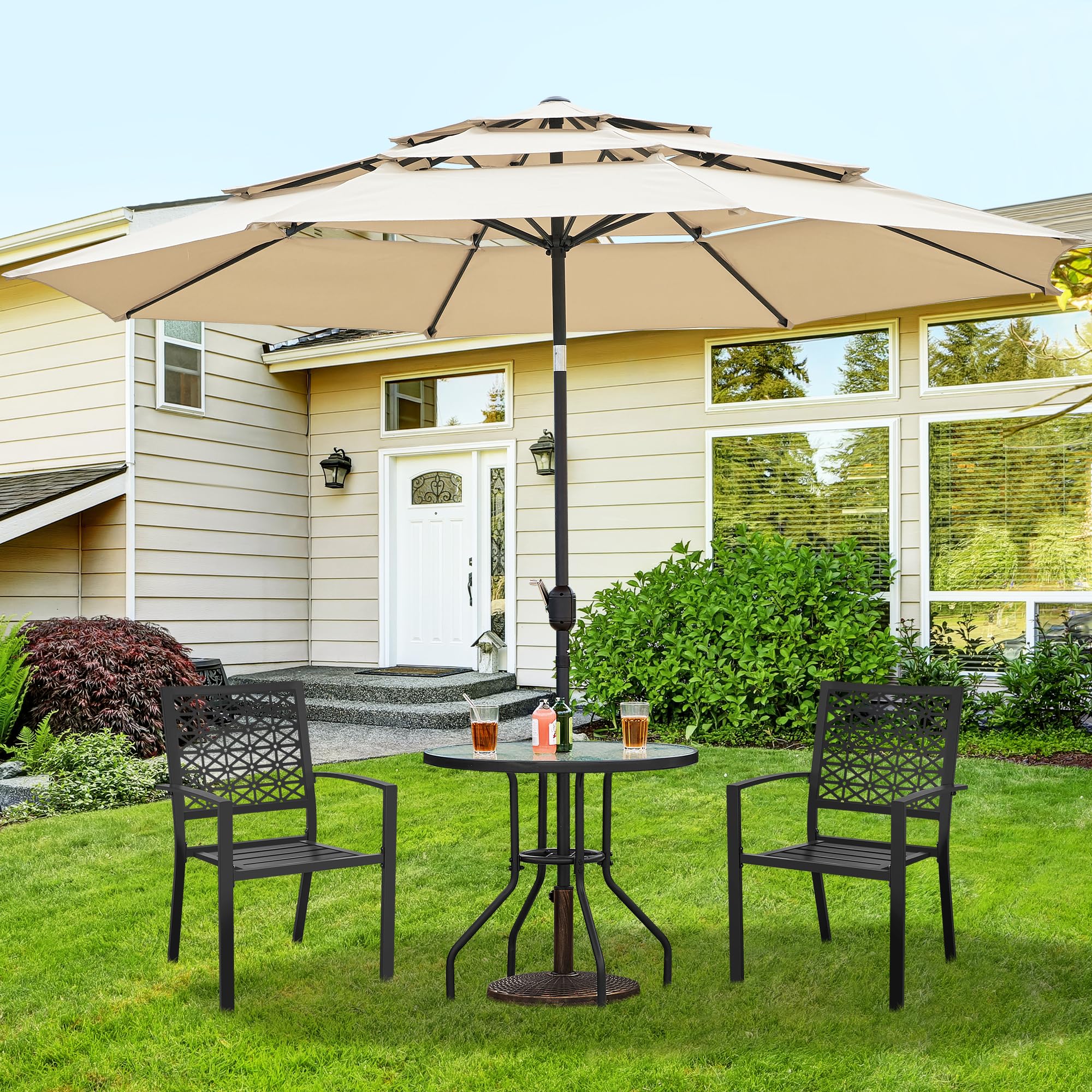 Yaheetech 31.5 Inch Round Outdoor Bistro Table with Tempered Glass Top & Umbrella Hole - Durable Iron Frame Patio Coffee Table for Balcony, Backyard, Garden, Poolside & Outdoor Dining