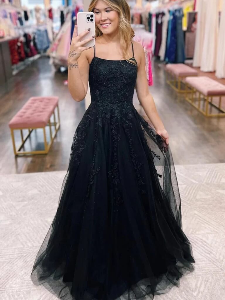 Elegant Black Lace Formal Dress 2025 | Open Back Tulle Long Prom Gown for Women | Perfect for Evening Parties, Weddings & Special Occasions