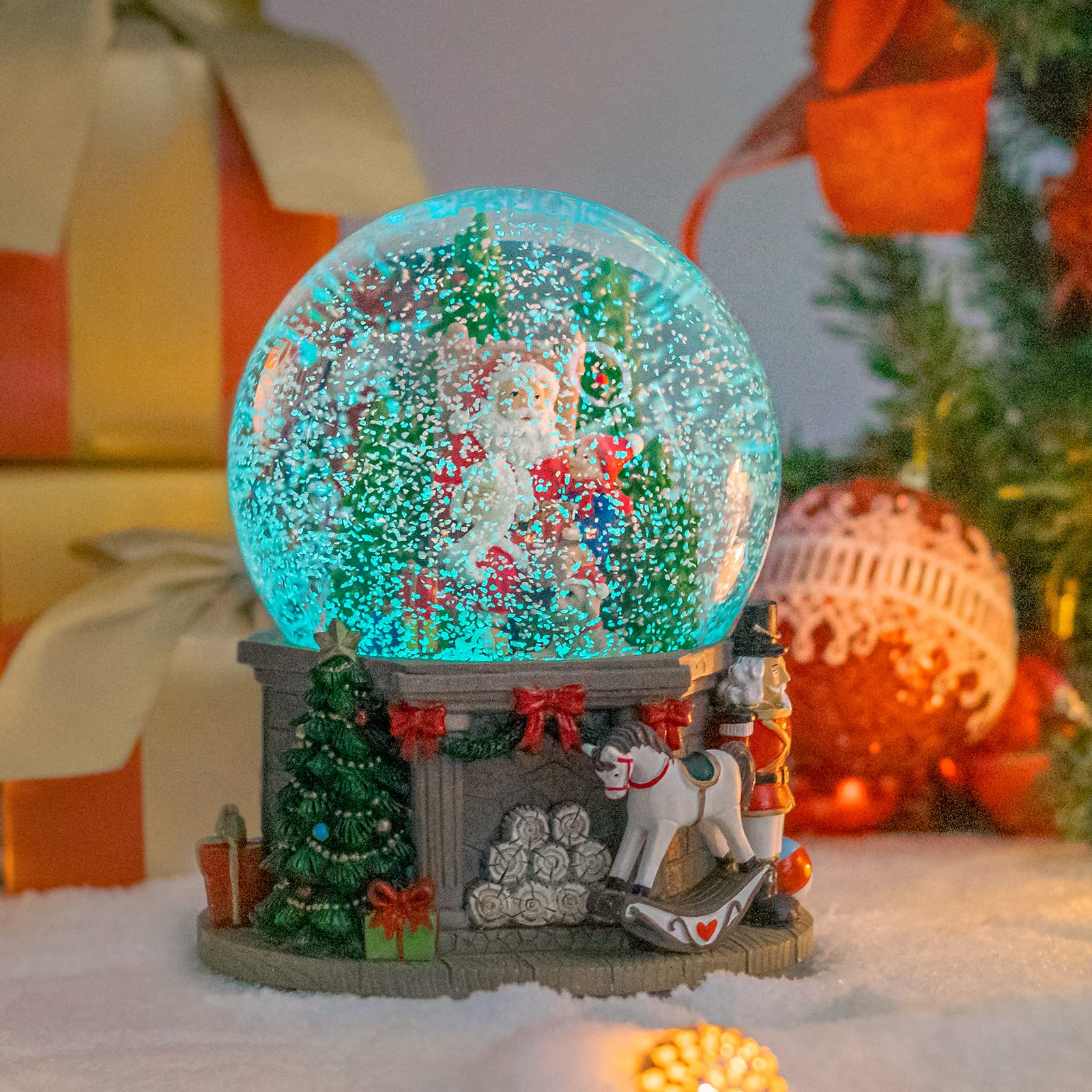 Taman Christmas Snow Globe with Santa, Gifts & White Horse - Musical Nutcracker with Swirling Glitter Snowflakes & LED Lights - Festive Tabletop Holiday Decor for Home, Office & Christmas Tree Display