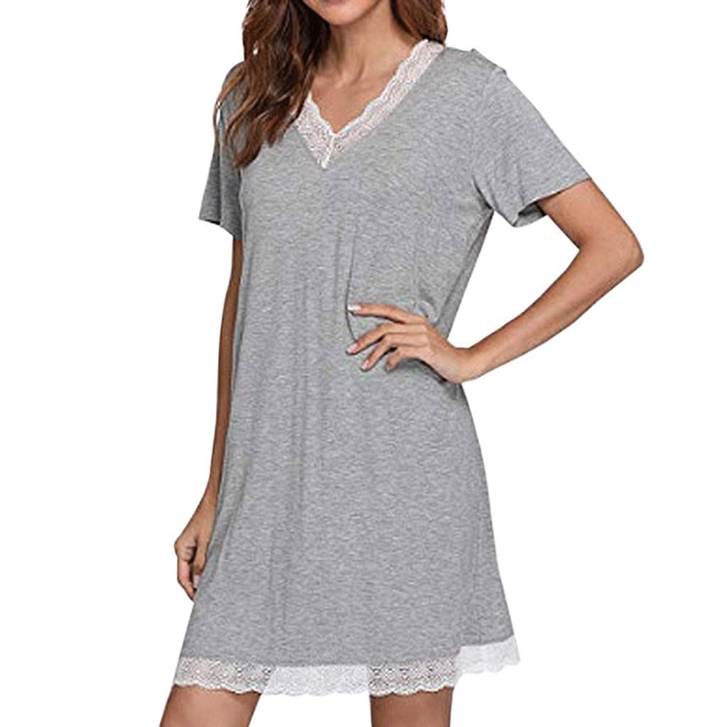 WSSBK Women's Cotton Summer Nightgown - Lace Trim V-Neck Short Sleeve Sleepshirt (Large) | Comfortable Sleepwear for Hot Nights & Relaxing at Home