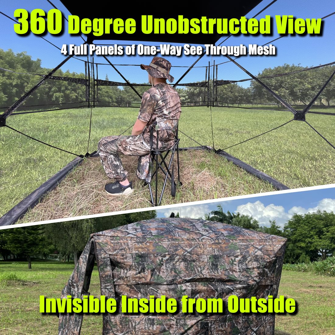 360 Degree See Through Hunting Blind for Turkey & Deer - 2/3/4 Person Pop Up Ground Blind with Camouflage Design | Perfect for Bow Hunting, Wildlife Observation & Outdoor Adventures