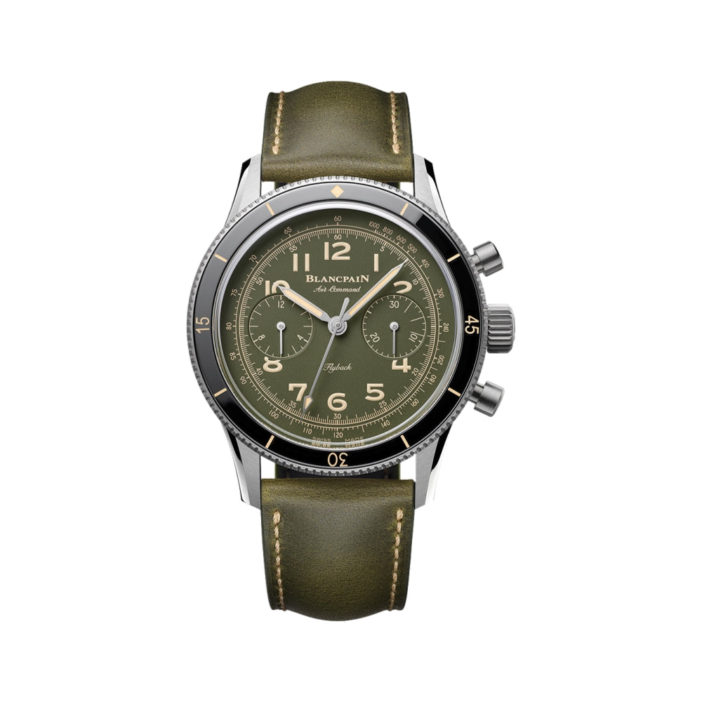 Air Command Limited Edition Flyback Chronograph Titanium 42.5mm Green Dial Leather Strap Watch - Perfect for Aviation Enthusiasts & Luxury Collectors