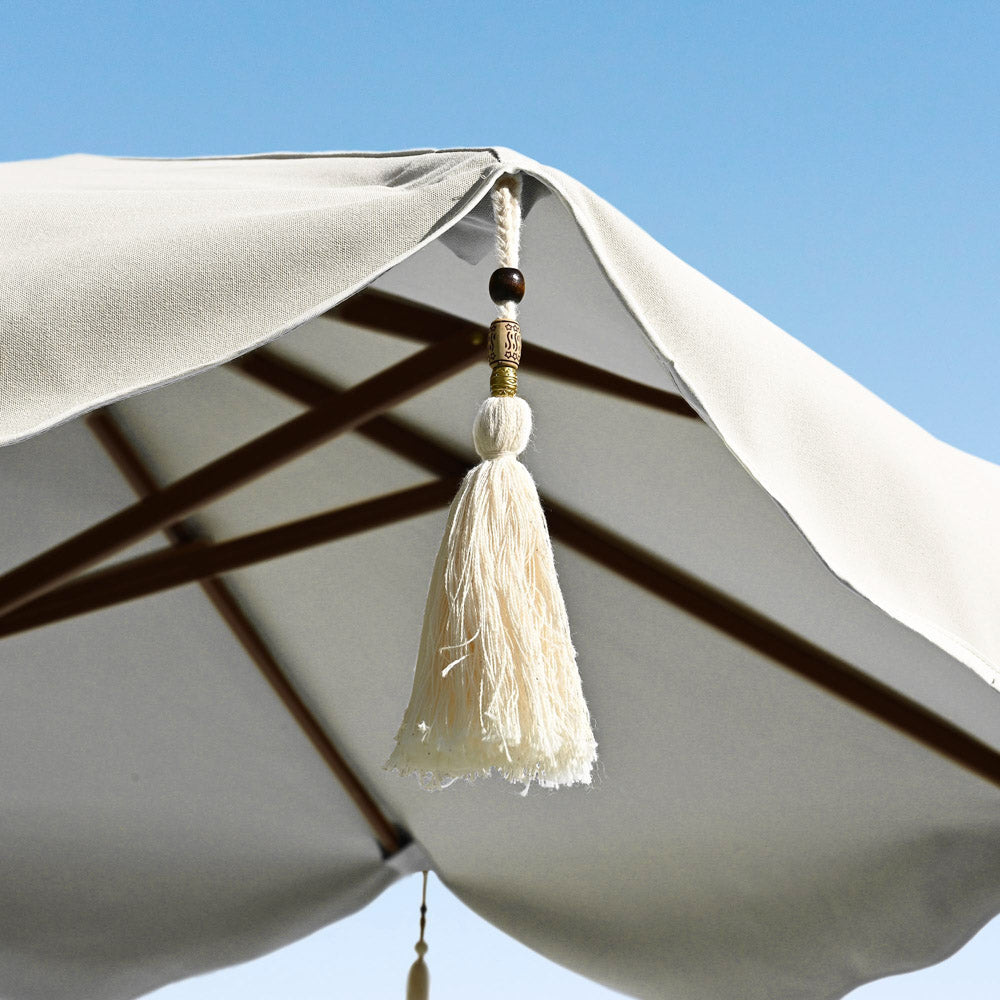 7 ft 8 Rib Wooden Patio Umbrella with Boho Fringe - Outdoor Shade for Garden, Poolside & Backyard - Durable 5-10 Year Warranty - TheLAShop