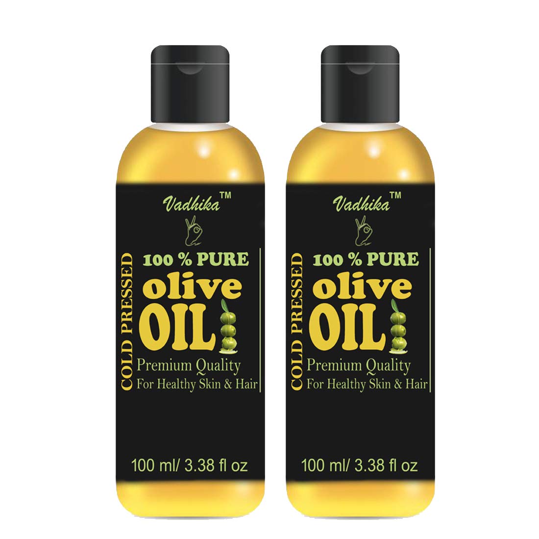 Vadhika 100% Pure Cold Pressed Olive Oil for Hair Growth, Skin Care & Massage - 2 Pack (100ml Each) | Organic, Unrefined & Chemical-Free | Perfect for DIY Beauty, Cooking & Aromatherapy